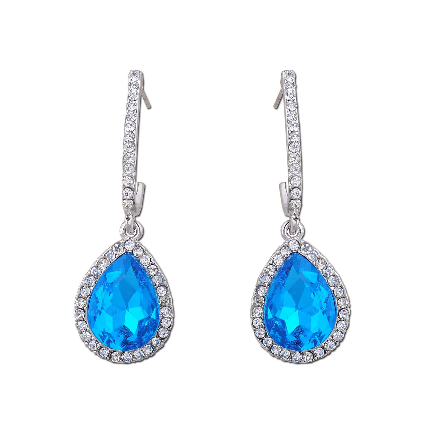 Rhodium Plated Aqua Teardrop Earrings for Women - Elegant Dangle Drop Ear Jewelry - Perfect for Parties, Weddings & Special Occasions