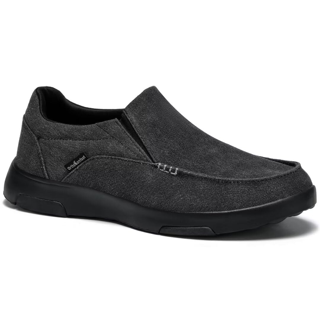 OrthoComfoot Men's Orthopedic Slip-On Shoes with Arch Support - Plantar Fasciitis Relief Loafers for Foot & Heel Pain - Comfortable Canvas Walking Shoes for Work, Travel & Daily Wear
