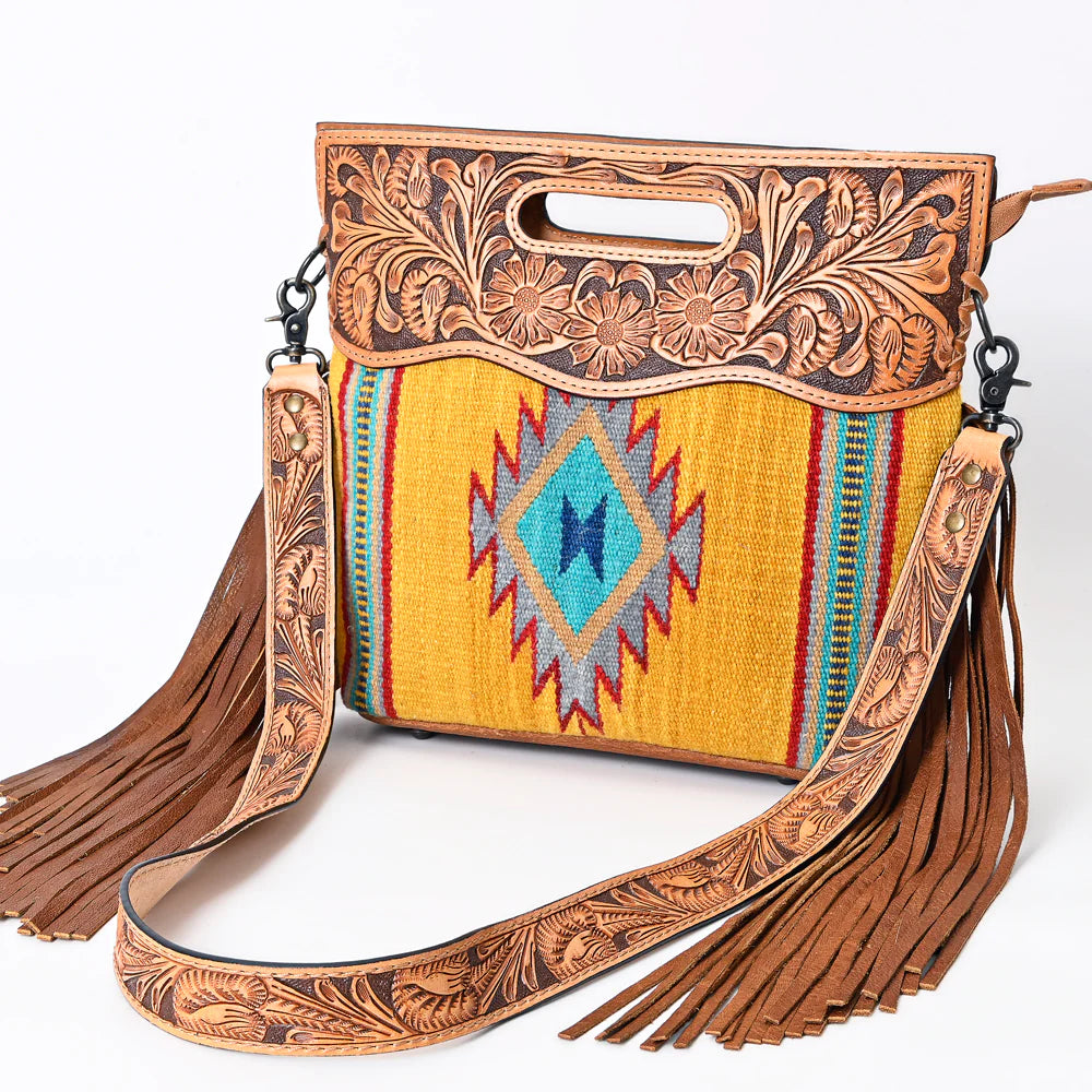 Stylish American Darling Yellow Aztec Floral Tooled Leather Handbag - Perfect for Casual Outings, Boho Fashion & Festival Accessories