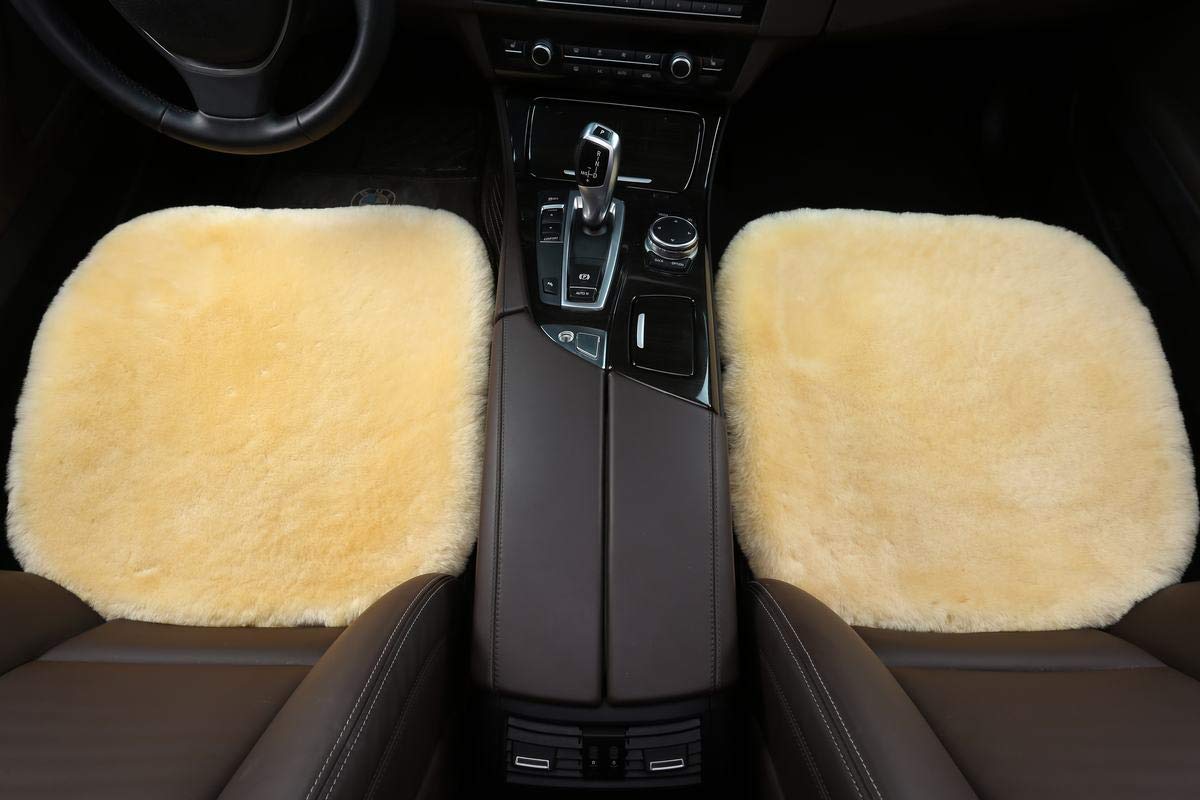 Premium Natural Sheepskin Seat Cushion Cover - Genuine Wholehide Short Wool Car Seat Pad - Universal Fit for Cars, Trucks, SUVs & Vans - Beige Yellow - Enhances Comfort for Long Drives & Cold Weather Protection