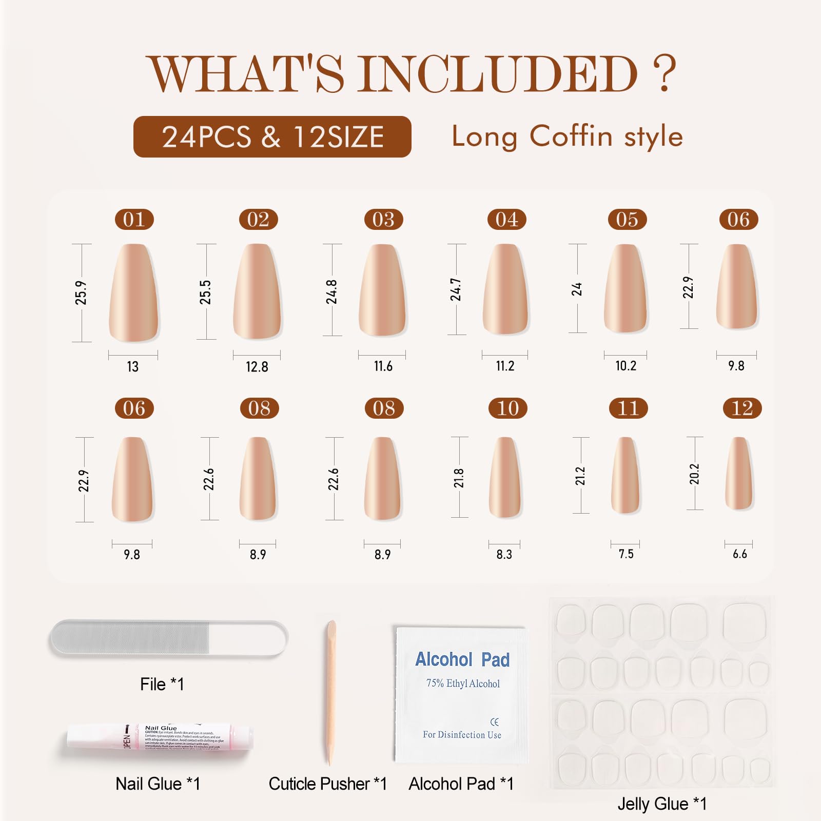 Long Coffin Press On Nails - Semi-Transparent Pink Blush Fake Nails with Glue & Jellied Gel, Reusable 24-Piece Kit (12 Sizes) for Women | Perfect for Parties, Weddings, and Everyday Glam