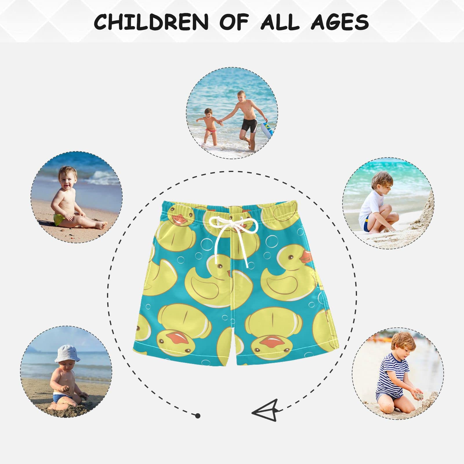 **Yellow Rubber Duck Printed Boys Swim Trunks - Quick Dry Toddler Swimwear with Adjustable Waist - 2T-16 Sizes for Beach, Pool & Water Play**