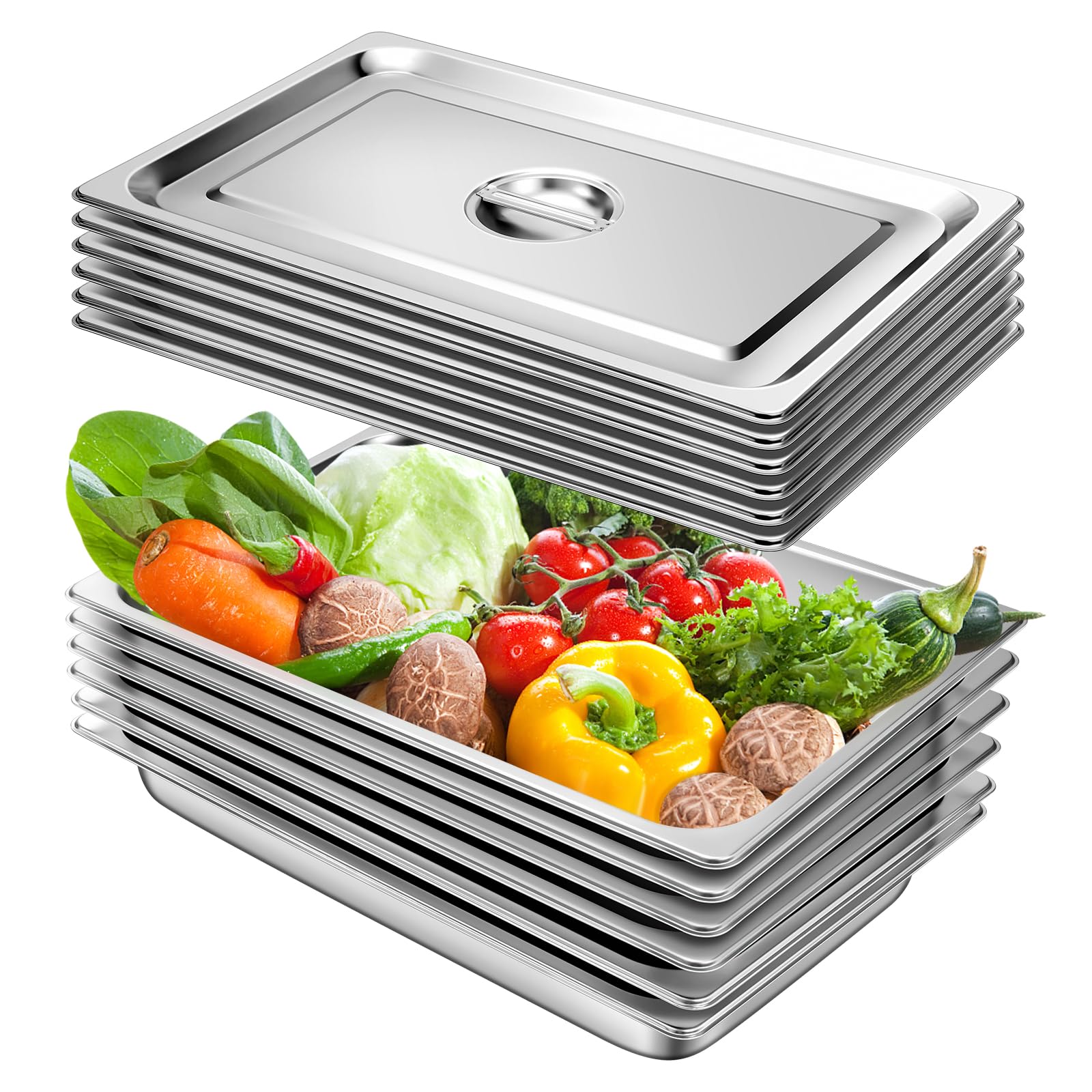 Commercial Stainless Steel Hotel Pan with Lids - 6 Pack Full Size 2.5
