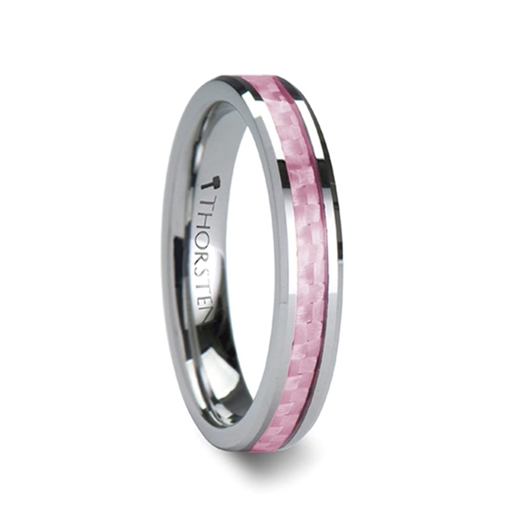 Roy Rose Men's Tungsten Carbide Pink Carbon Fiber Wedding Band - Comfort Fit Beveled Edge - 4mm & 6mm Width Options - Durable & Stylish Ring for Engagement, Anniversary & Everyday Wear