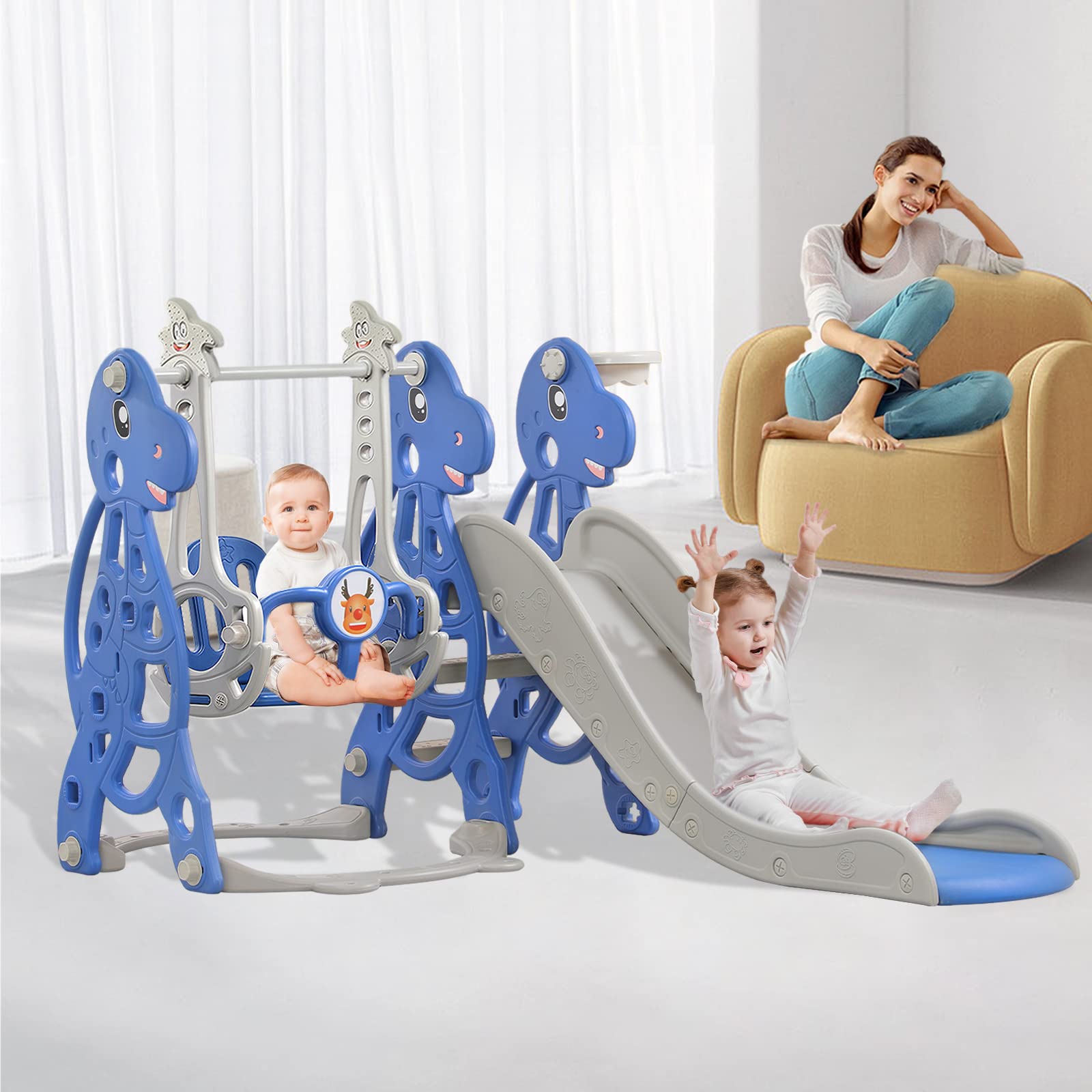**4-in-1 Kids Play Slide with Basketball Hoop, Swing & Climbing Tower - Indoor & Outdoor Toddler Slide for Ages 1+ - Perfect for Backyard, Garden & Playroom Fun**