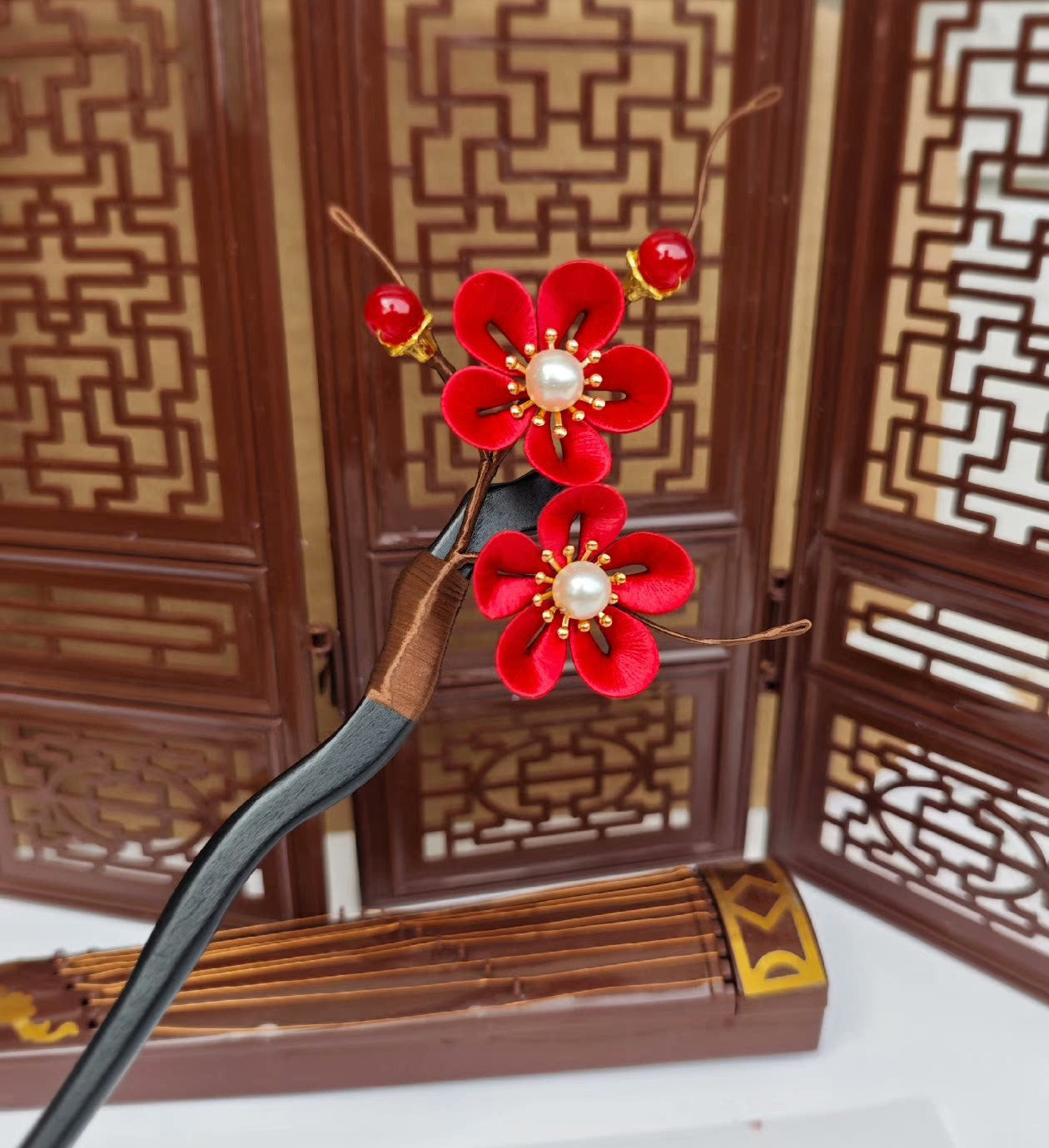 Handmade Red Plum Blossom Silk Hairpin - Traditional Chinese Chanhua Hair Accessory for Weddings, Cosplay & Special Occasions