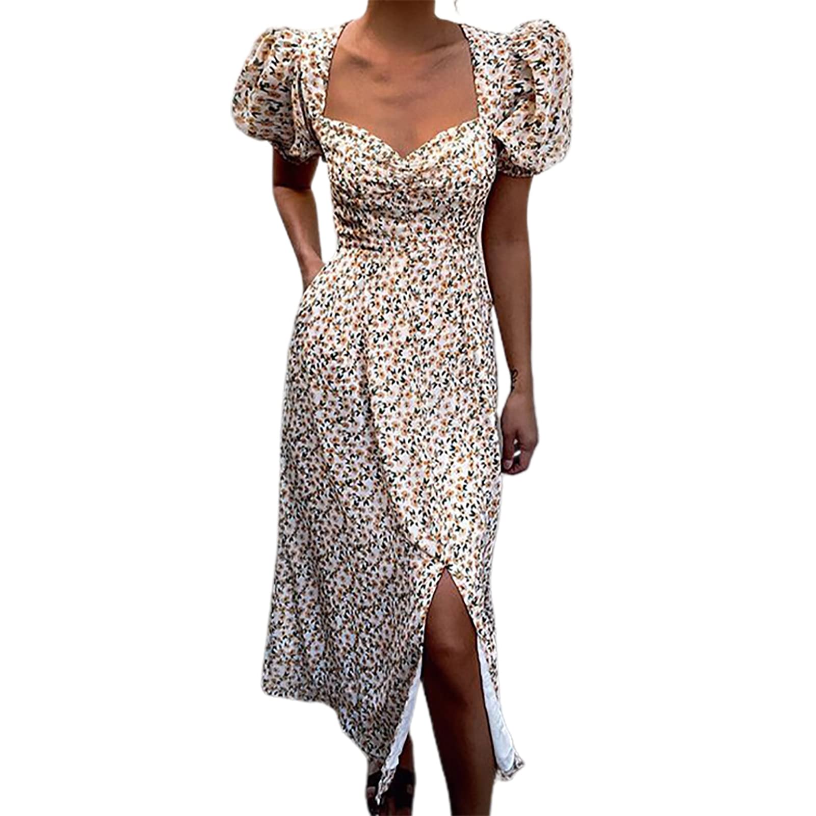 Floral Print Square Neck Puff Sleeve Midi Dress for Women - Summer Sundress with Side Split for Casual Outings, Beach Vacations & Date Nights