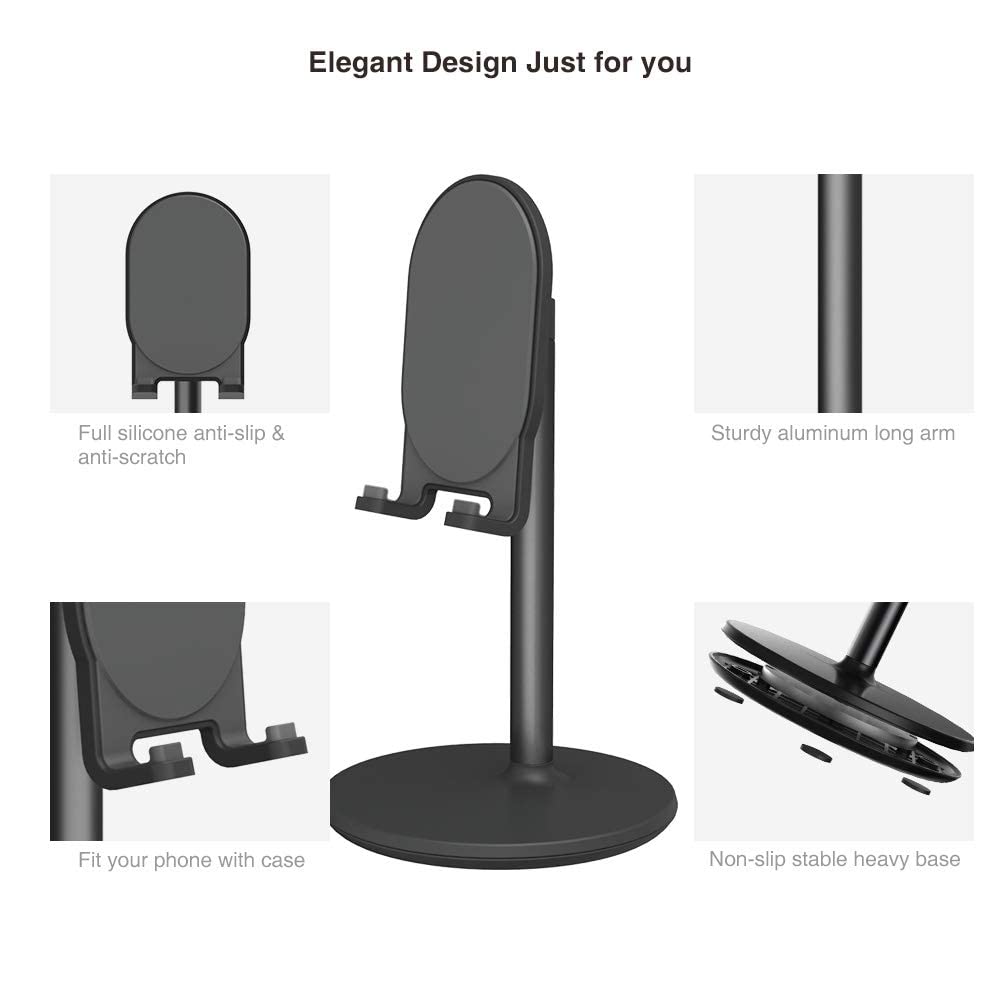 Adjustable Black Phone Stand for Desk - Universal Holder Compatible with iPhone, iPad, Tablet & Nintendo Switch (4