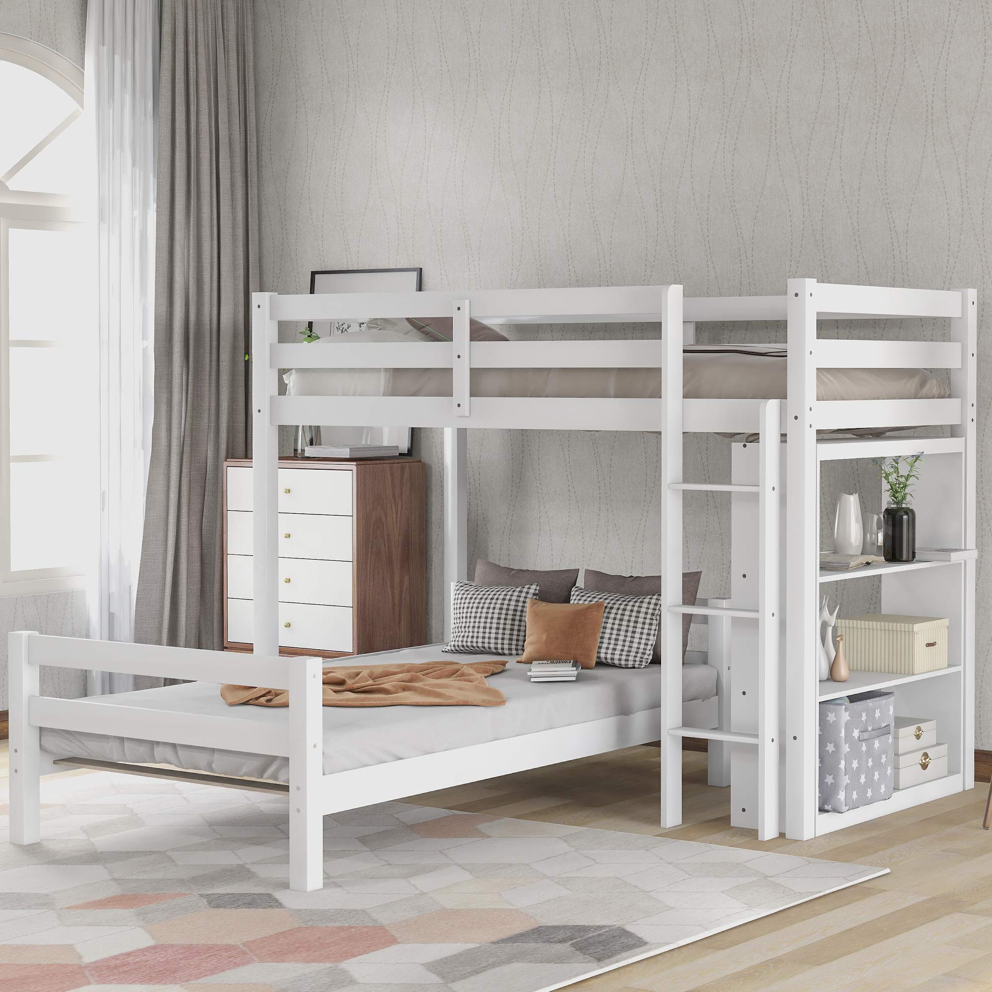 Twin Over Twin Bunk Bed with Removable Platform - Solid Wood Bed Frame with Storage Shelf, Ladder & Guardrails for Kids, Teens & Adults - No Box Spring Needed (White) | Perfect for Small Bedrooms, Guest Rooms & Vacation Homes