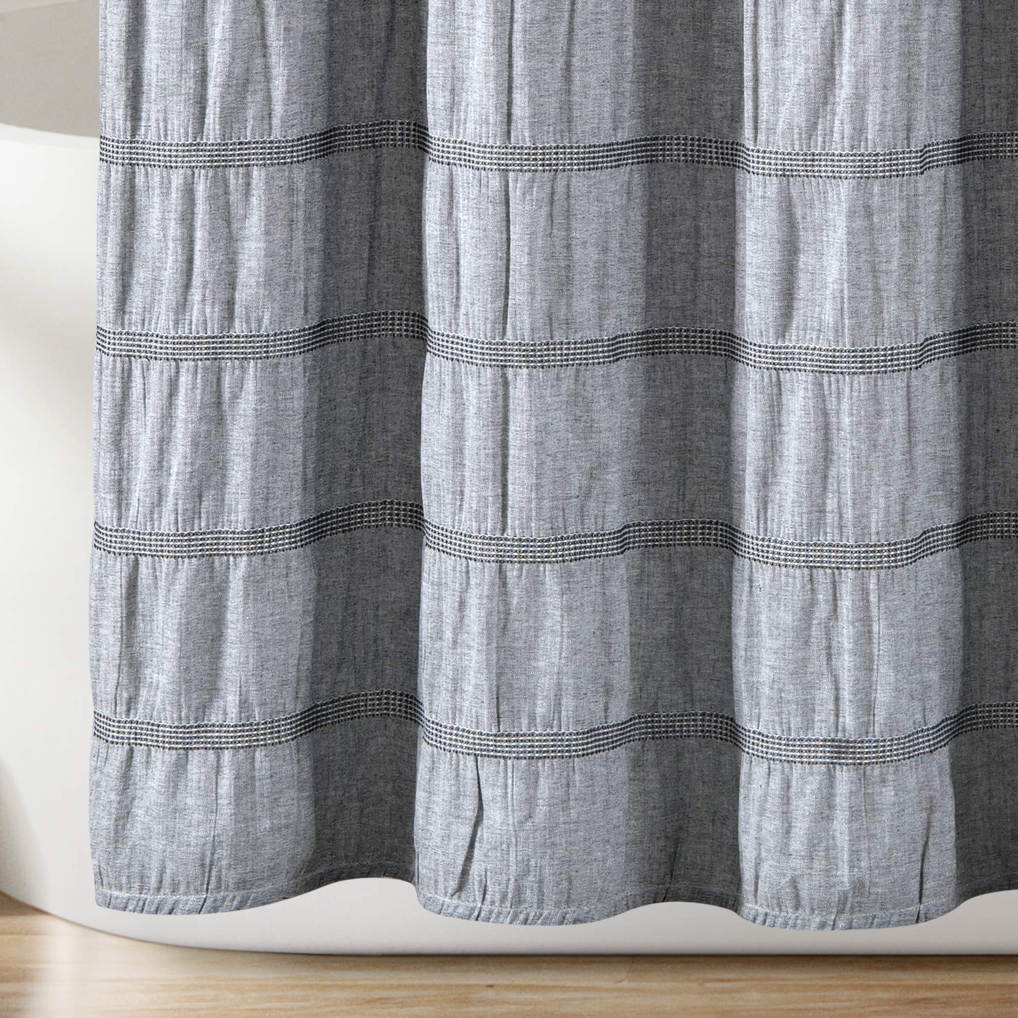 Lush Decor Light Gray Waffle Stripe Woven Cotton Shower Curtain 72x72 Inches - Soft Textured Bathroom Decor with Rustic Striped Design - Perfect for Modern Farmhouse, Spa, and Guest Bathroom Styles