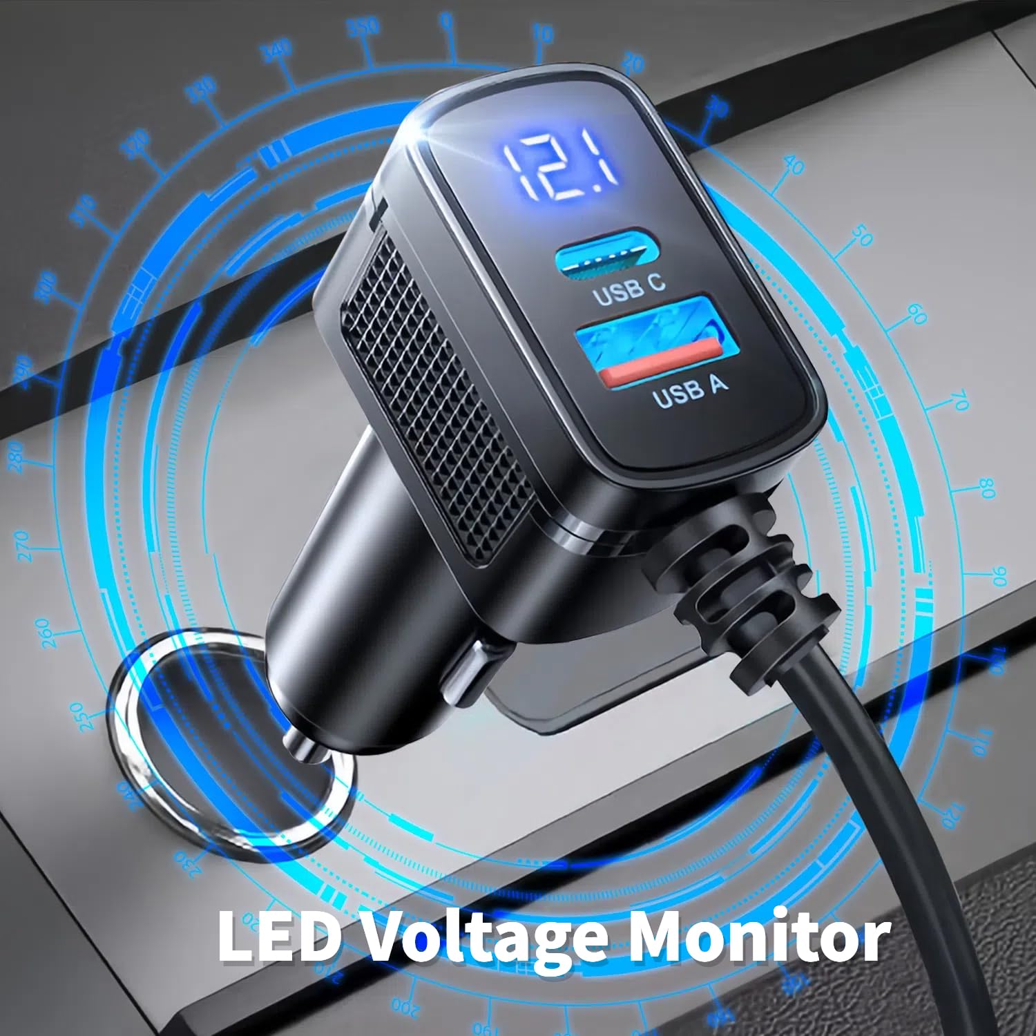 120W Dual USB Car Charger with QC 3.0 & PD Fast Charging, 12V/24V Cigarette Lighter Splitter with Voltmeter - Compatible with iPhone, Samsung, Android Phones - Perfect for Road Trips & Long Drives