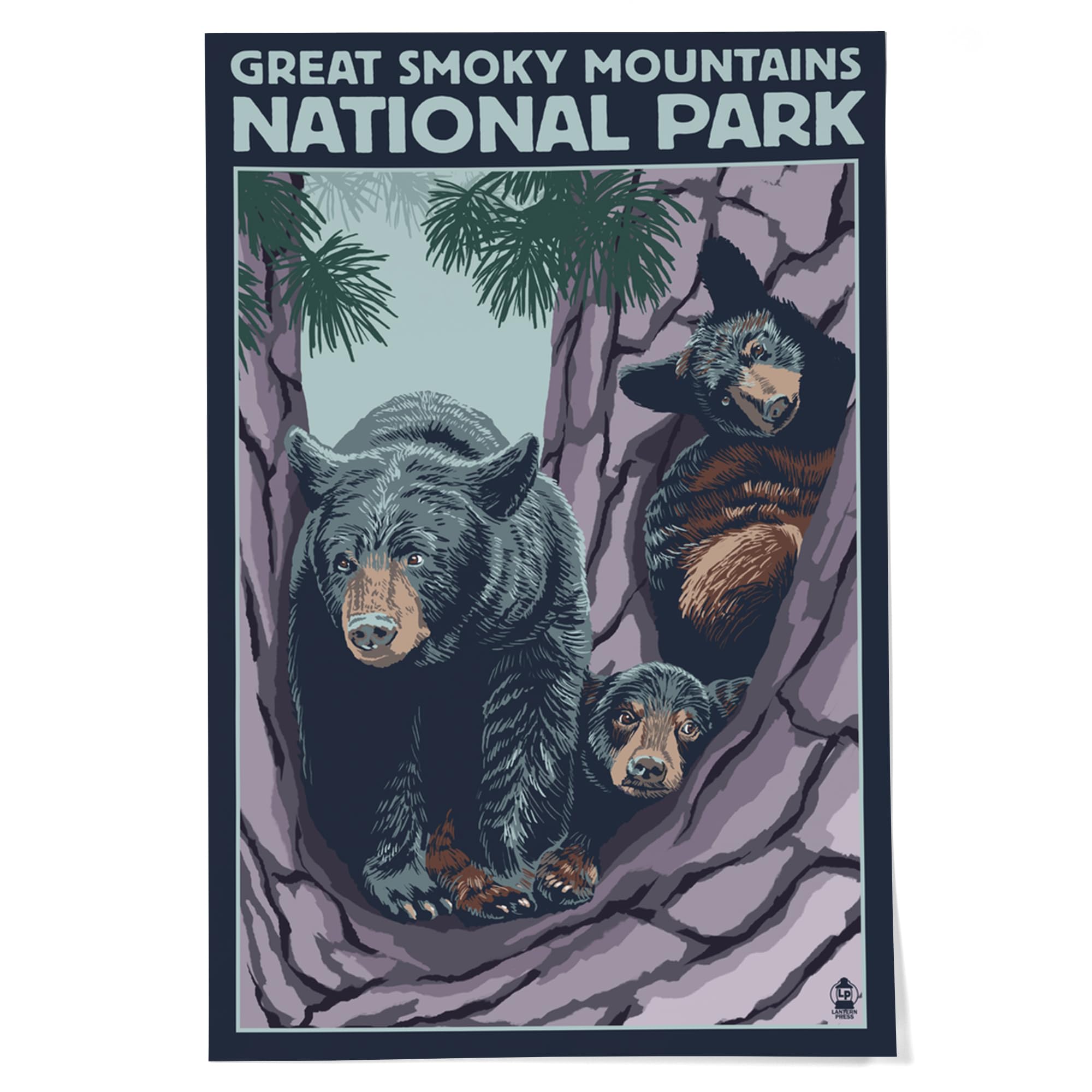 Lantern Press 24x36 Inch Giclee Art Print - Great Smoky Mountains National Park Tennessee Black Bear and Cubs in Tree - Premium Wall Decor for Living Room, Bedroom & Office