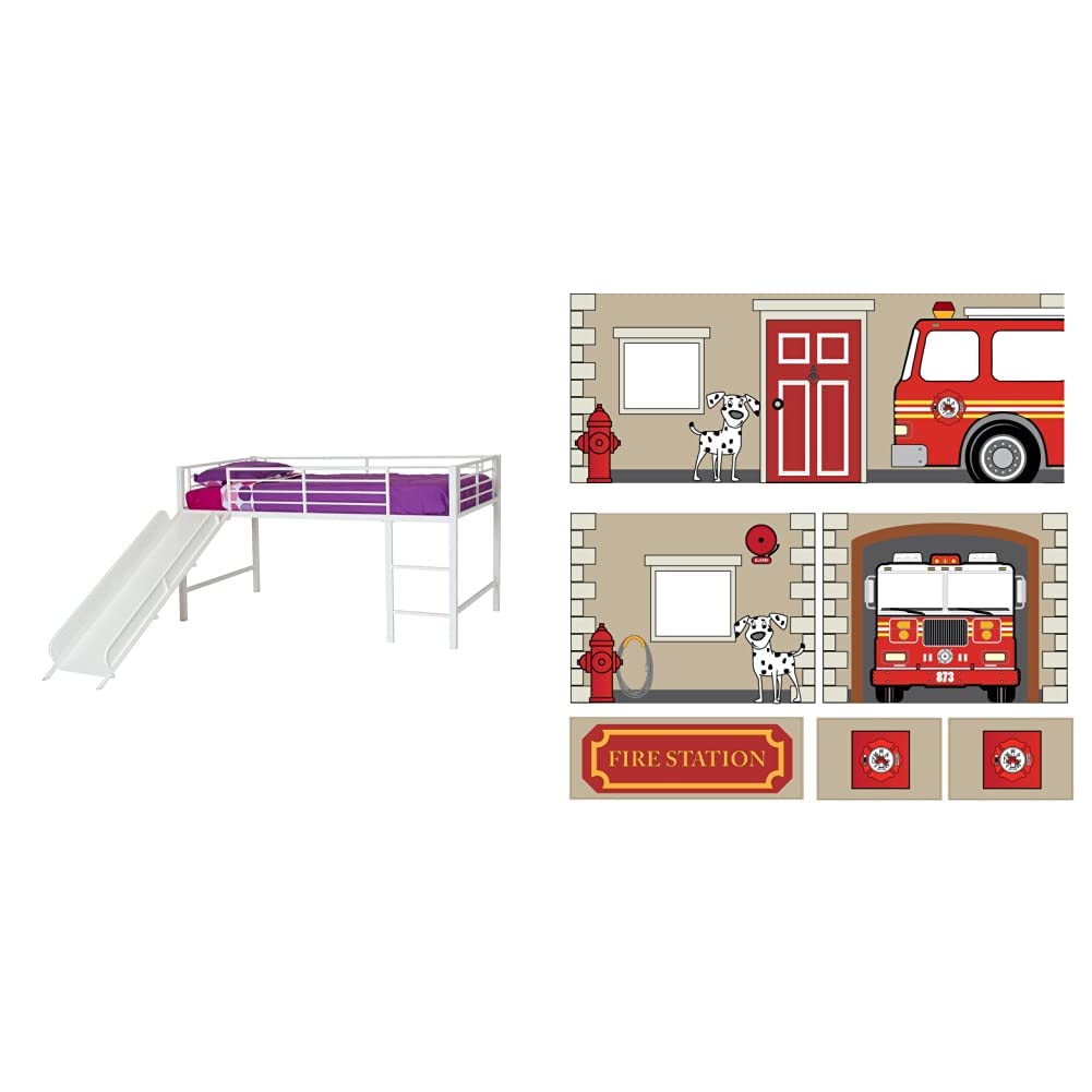 DHP Junior Twin Metal Loft Bed with Slide - Multifunctional Kids Furniture in White with Fire Department Design Curtain Set | Space-Saving Bed for Small Rooms, Fun Sleep & Play Solution for Boys & Girls