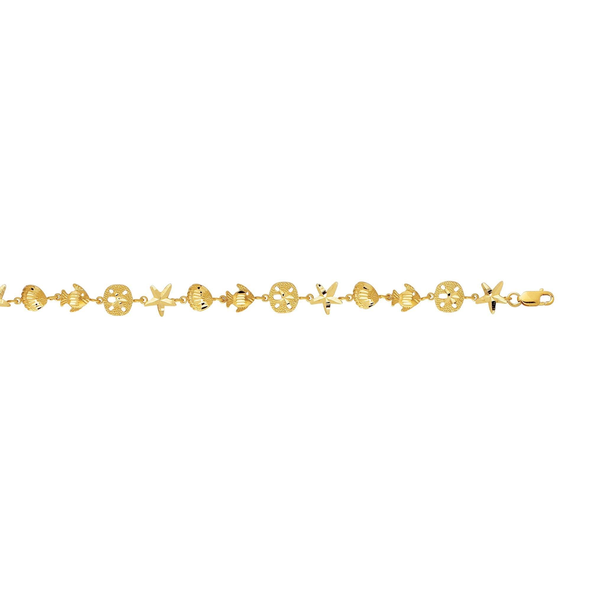 14K Yellow Gold Starfish Sand Dollar and Fish Charm Bracelet - 7