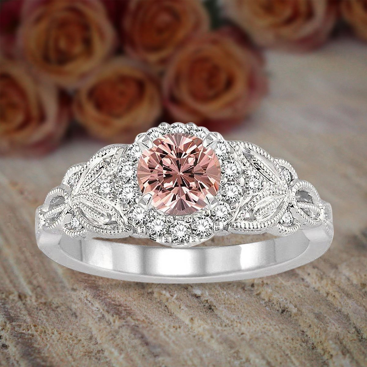 1.25 Carat Morganite & Moissanite Round Cut Engagement Ring in 18k Gold Plating - Elegant Designer Wedding Jewelry for Proposals, Anniversaries & Special Occasions
