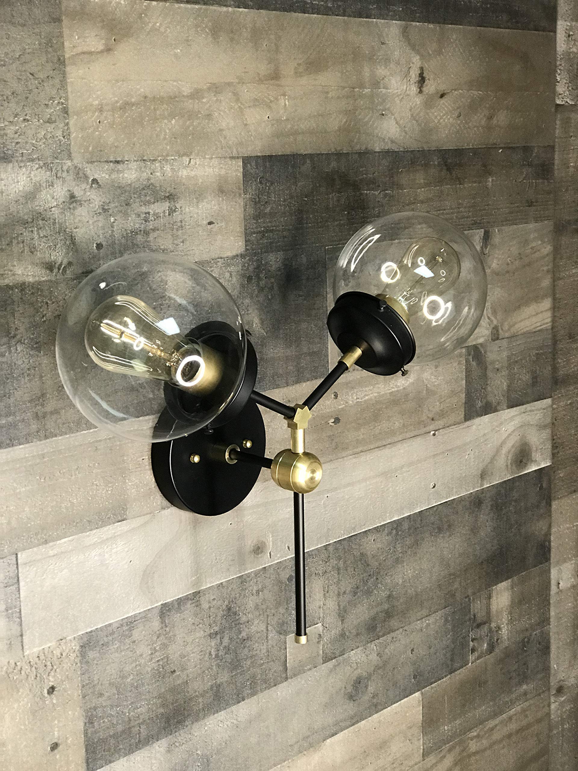 Vintage Mid Century Modern Double 6 Inch Wall Sconce - Clear Brass Finish LED Lighting Fixture for Bedroom, Living Room & Hallway