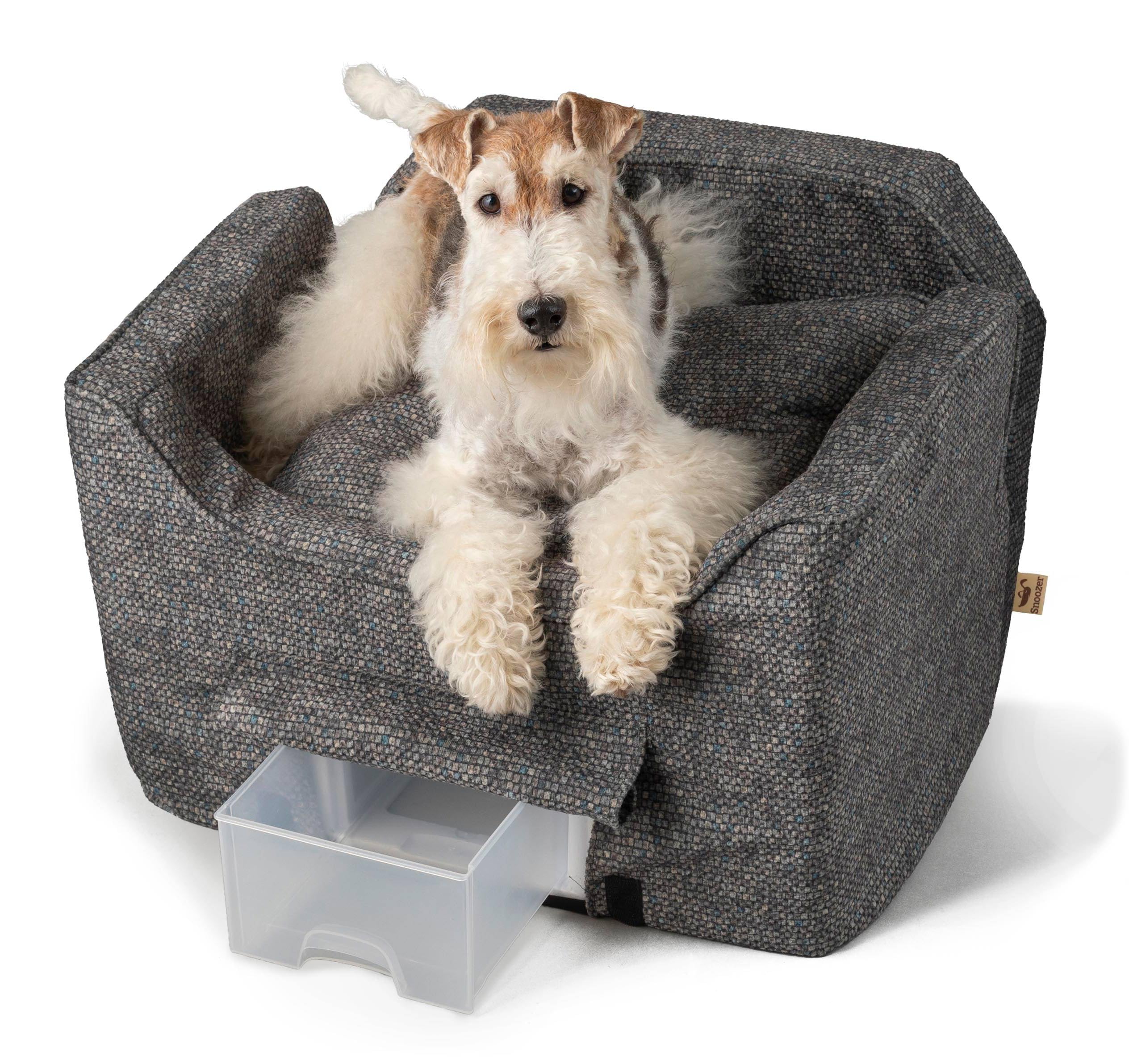 Snoozer Lookout II Dog Car Seat for Small Dogs Under 25lbs - Washable Pet Car Seat with Storage Tray & Safety Harness - Prevents Car Sickness - Perfect for Road Trips & Vet Visits - Merlin Pewter Color