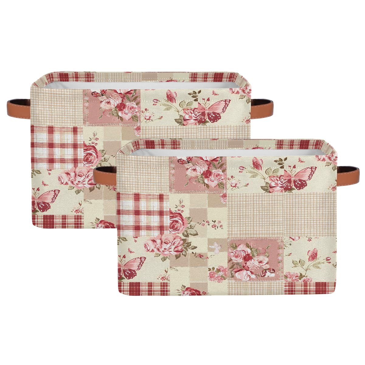 Rose Butterfly Plaid Patchwork Foldable Storage Baskets with Handles - 2 Pack Decorative Storage Bins for Shelves, Home Organization | Perfect for Bedroom Closet, Bathroom & Laundry Room Storage