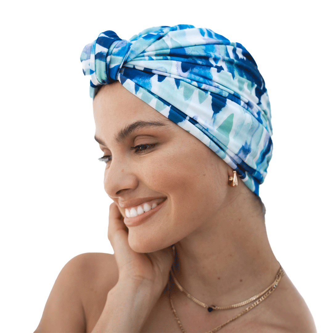 Louvelle Dahlia Shower Cap - Waterproof & Reusable Hair Protector for Bath & Swimming - Resort Blue - Perfect for Travel, Spa & Home Use