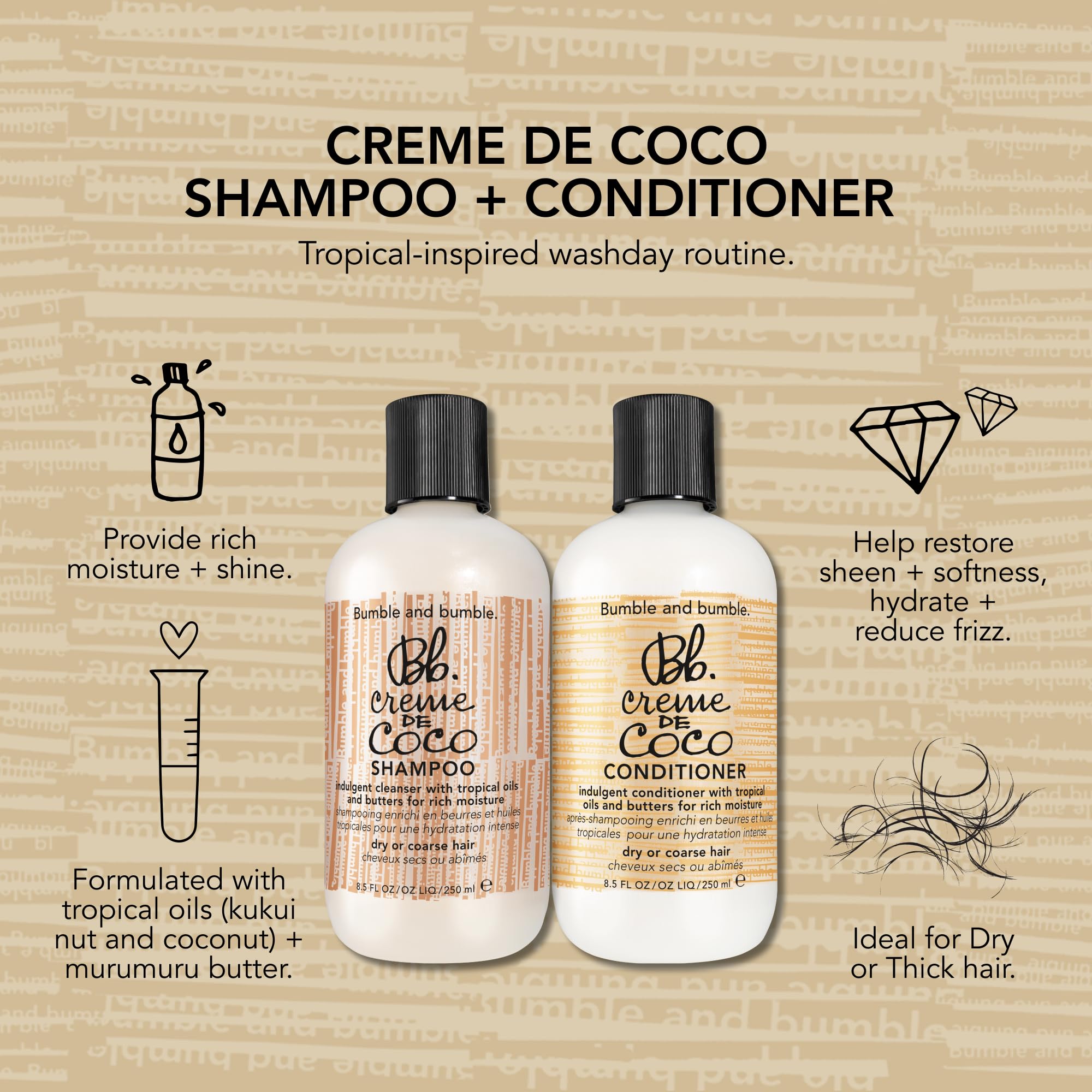 Bumble and bumble Creme De Coco Coconut Conditioner - Deep Moisturizing Hair Treatment for Frizz Control & Hydration - Works on Curly, Wavy & Straight Hair - Perfect for Dry, Damaged Hair & Daily Nourishment