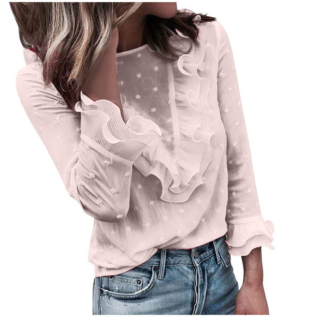 XBKPLO Women's Long Sleeve Ruffle Lace Chiffon Blouse - Elegant Polka Dot Tunic Top with O-Neck Design for Casual Wear, Office Outfits & Special Occasions