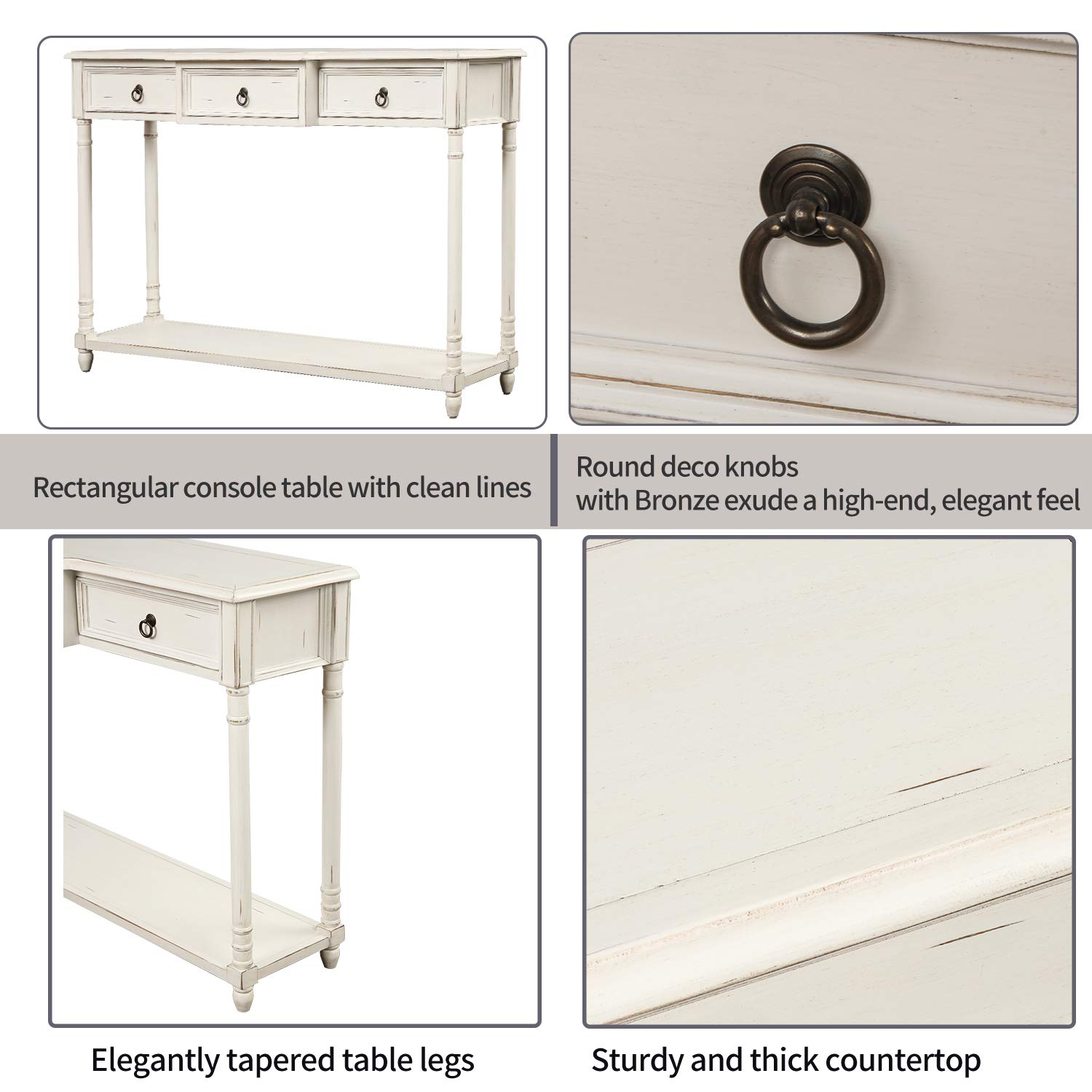 Rustic Wood Console Table with 3 Storage Drawers & Bottom Shelf - Sofa Table for Living Room, Entryway, Hallway - Easy Assembly Antique White - Perfect for Home Decor, Farmhouse Style & Small Space Organization