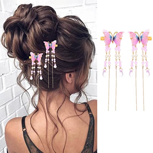 Bartosi Purple Butterfly Hair Clips for Women & Girls - Elegant Tassel Hair Barrettes with Pearl Accents | Pack of 2 | Perfect for Weddings, Parties & Everyday Fashion Accessories