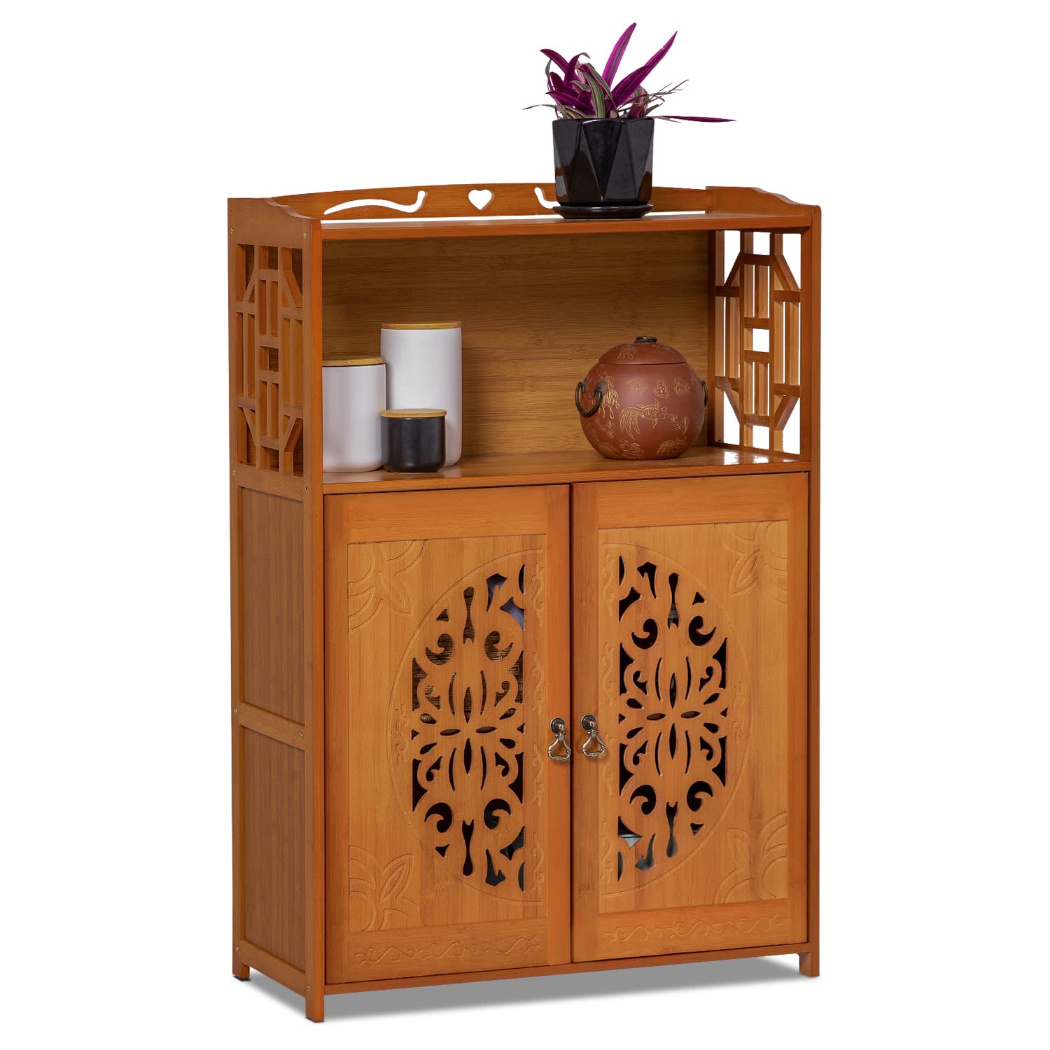 MoNiBloom 3-Tier Bamboo Bookcase with Storage Cabinet & Carved Doors - Modern Bookshelf for Home Office, Living Room, Study - Display & Organize Books, Decor & Essentials (Brown)