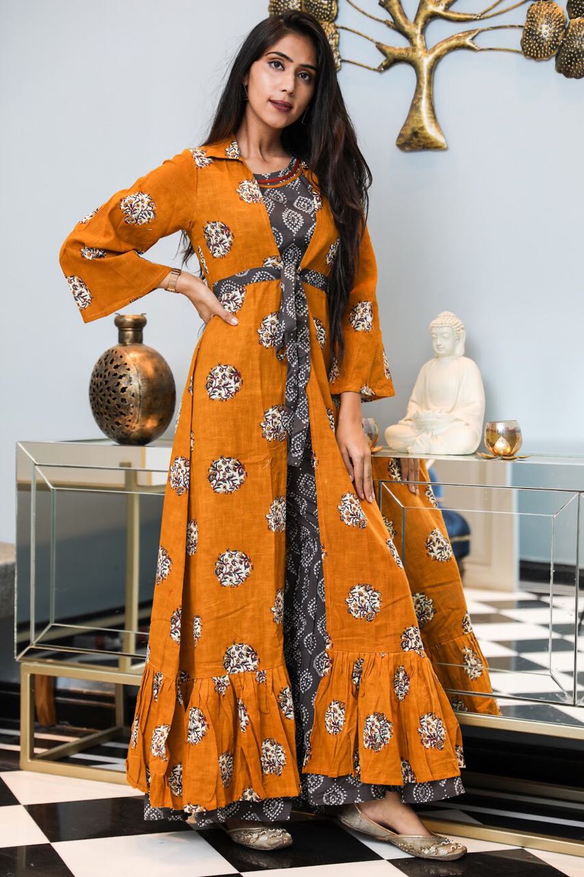 Stylish Grey and Mustard Printed Crop Top Sharara Set with Long Jacket - Trendy Indo-Western Outfit for Parties, Weddings & Festive Occasions
