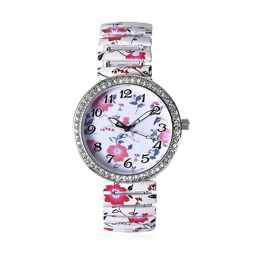Floral Watch for Women - Stainless Steel Crystal Studded Stretch Band Flower Wristwatch - Elegant Ladies Bracelet Watch with Japanese Movement - Perfect Birthday Gift for Her, Mother's Day, Anniversary & Everyday Wear