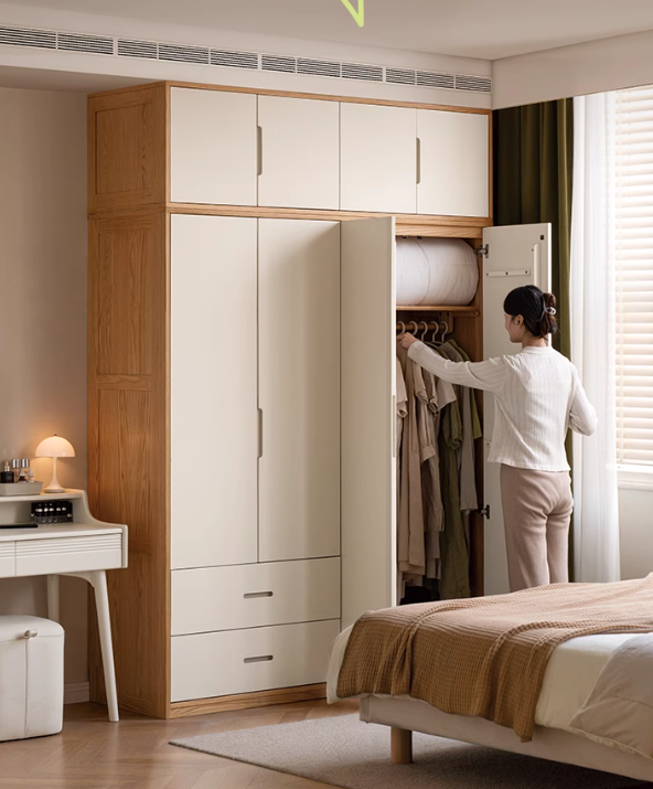 Solid Oak Wood Wardrobe & Floor Cabinet Set - Durable Storage for Bedroom, Closet, and Living Room Organization