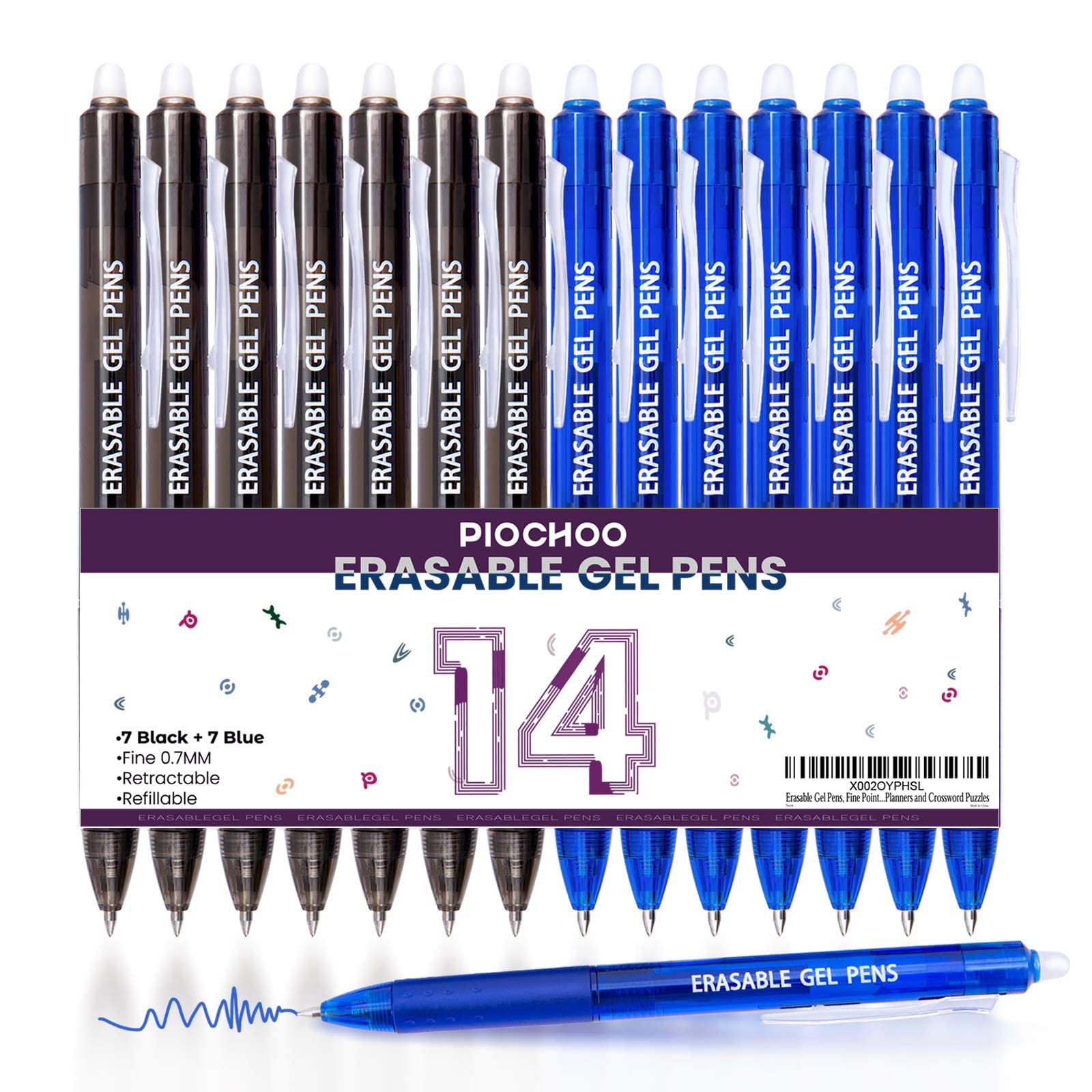 14 Colors Retractable Erasable Gel Pens - Fine Point Clicker Pens with 7 Black & 7 Blue Inks - Perfect for Planners, Journals, Crossword Puzzles & School Note Taking