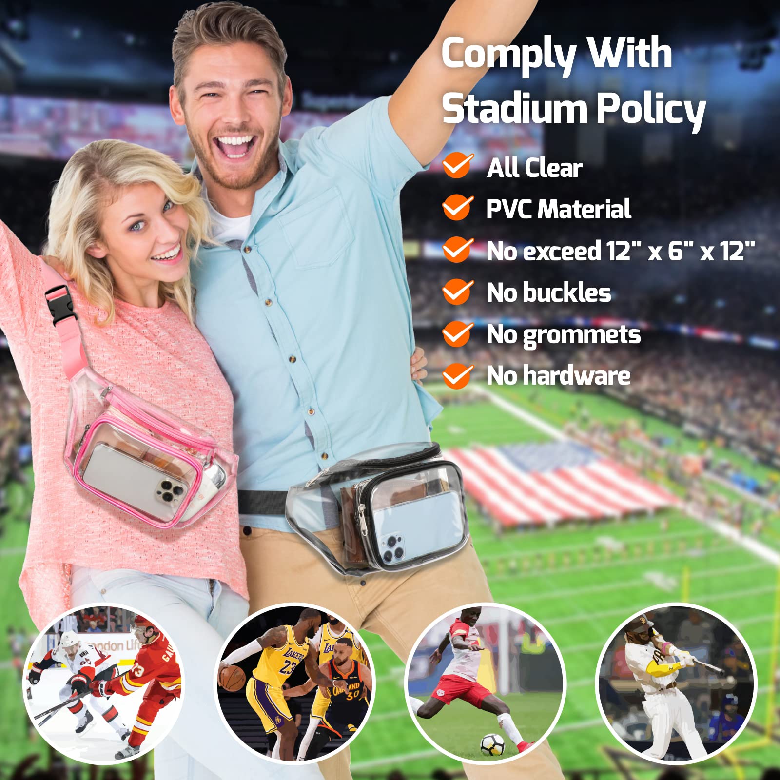 Veckle 2 Pack Clear Fanny Pack - Adjustable Waist Bag for Women & Men | Stadium Approved, Water-Resistant Belt Bag for Sports Events, Travel, Beach & Concerts | Perfect for Security Checks & Outdoor Activities (Black + Pink)