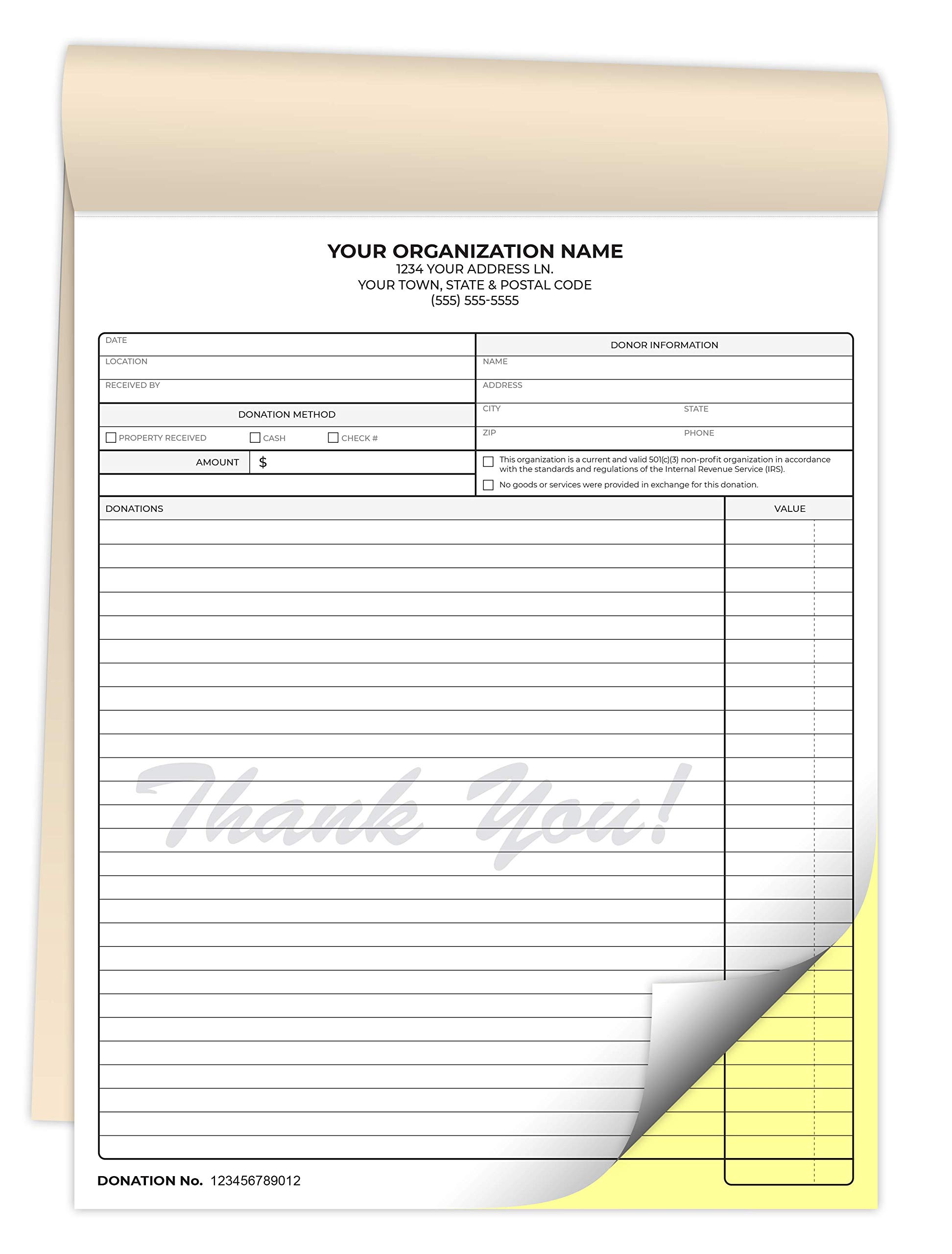 Custom Printed 8.5 x 11 Inch Carbonless Non-Profit Donation Receipt Books - 2-Part NCR Staple Bound Pads with Manila Cover - Personalized with Your Company Name & Number (1500 Qty) - Perfect for Churches, Fundraisers & Tax-Deductible Donations