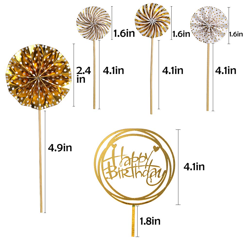 DIYASY Gold Happy Birthday Cake Topper Kit - 6PCS Acrylic Cake Decorations with Confetti, Balloons & Paper Fans | Perfect for Birthday Party Decor, Wedding Cakes & Celebration Desserts