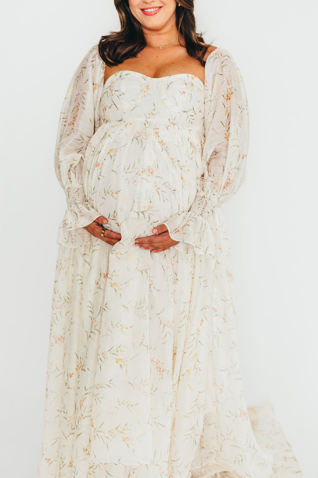 Delilah Cream Floral Maternity Dress with Train - Bump Friendly Wedding Guest Dress for Baby Showers & Special Occasions