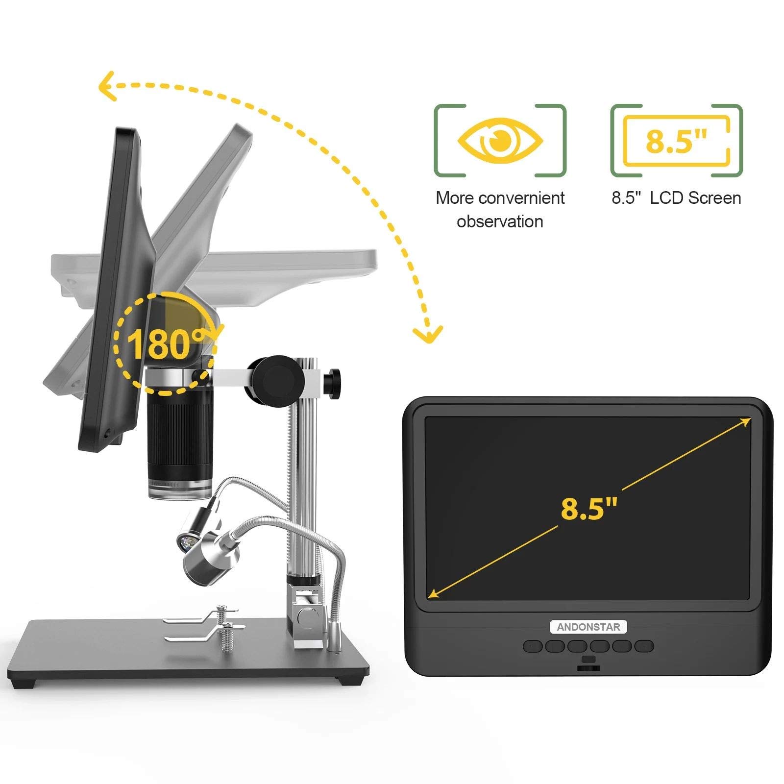 8.5 Inch LCD Digital Microscope with 5X-1200X Magnification, 1280x800 HD Resolution & Adjustable 1080P - AD208S Soldering Microscope with Dual LED Lights for Electronics Repair, Jewelry Inspection, and Coin Collecting