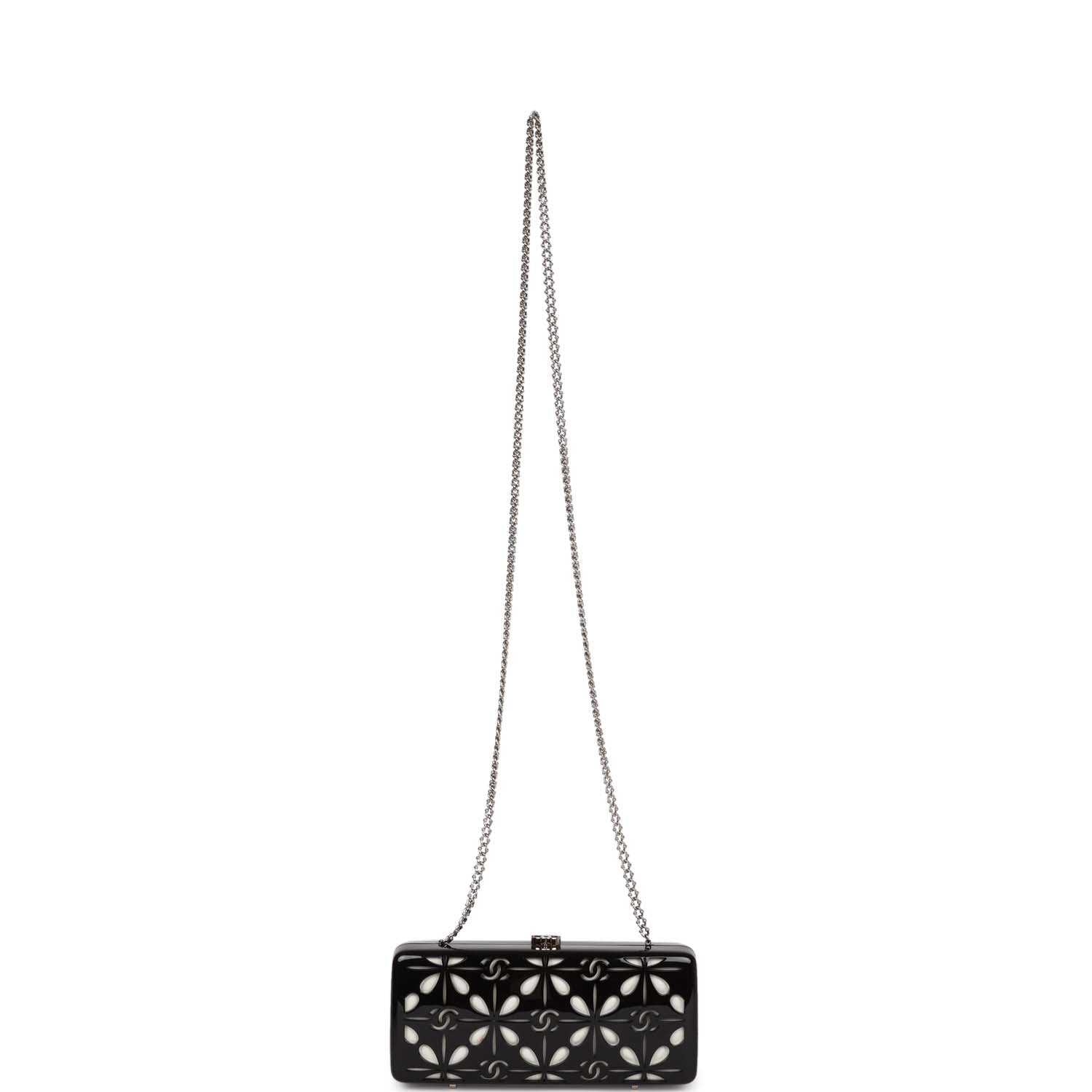 Chanel Black Acrylic Minaudiere Box Clutch with Silver Hardware - Elegant Evening Bag for Parties, Weddings & Special Occasions