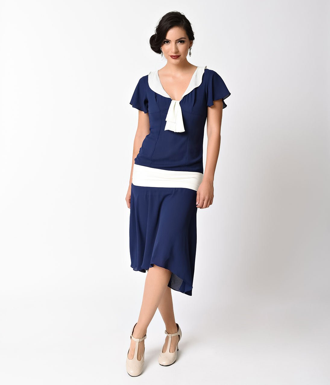 Vintage 1920s Navy Blue & Ivory Wilshire Flapper Day Dress - Retro 20s Gatsby Party Costume, Roaring Twenties Theme Outfit for Women