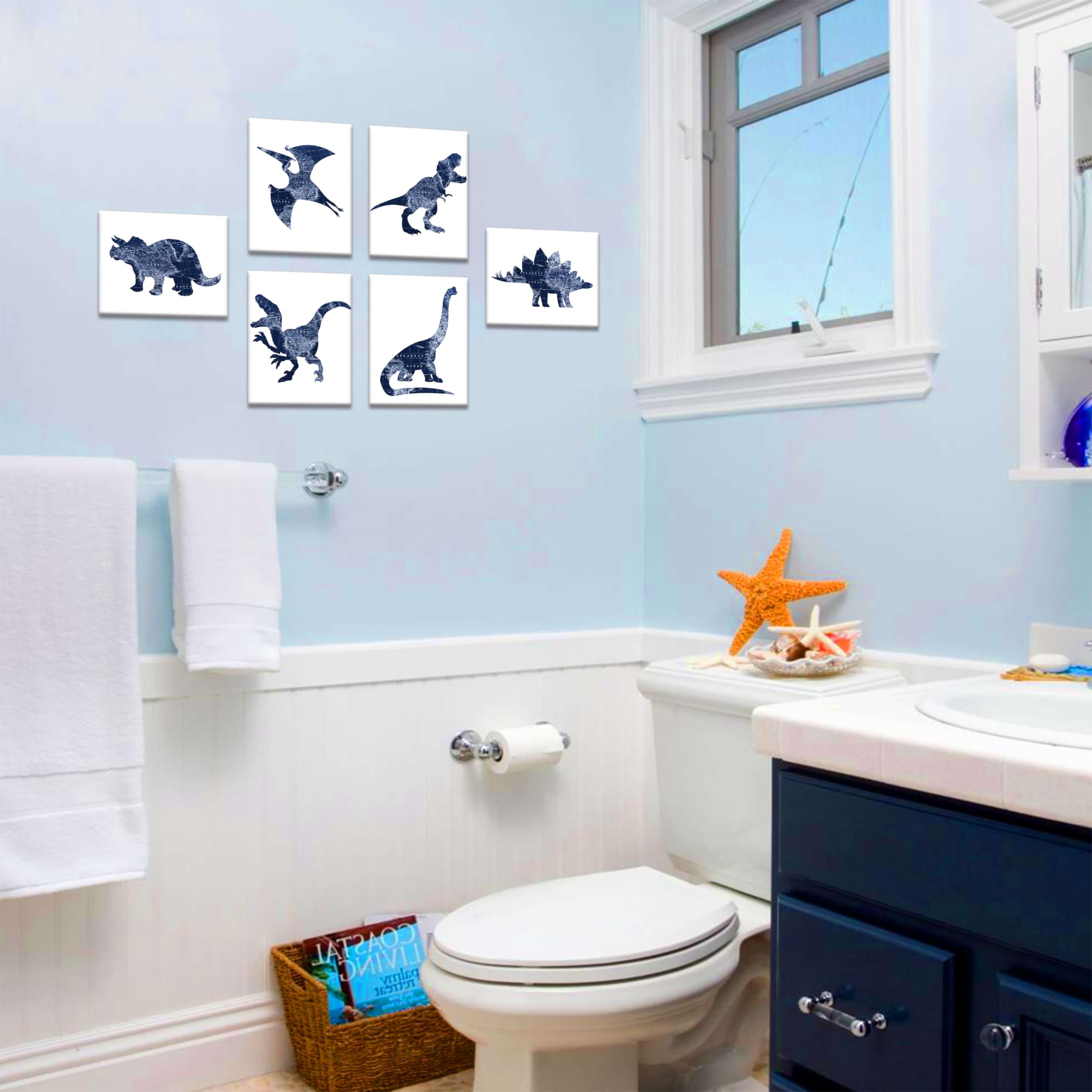 Navy Blue Dinosaur Wall Art Decor Set - 6 Pack 8x10 Inch Stretched Canvas Prints for Boys Room, Kids Bedroom & Nursery - Jurassic Themed Dinosaur Wall Decals & Room Decorations | Perfect for Dinosaur Lovers, Birthday Gifts & Themed Bedroom Design