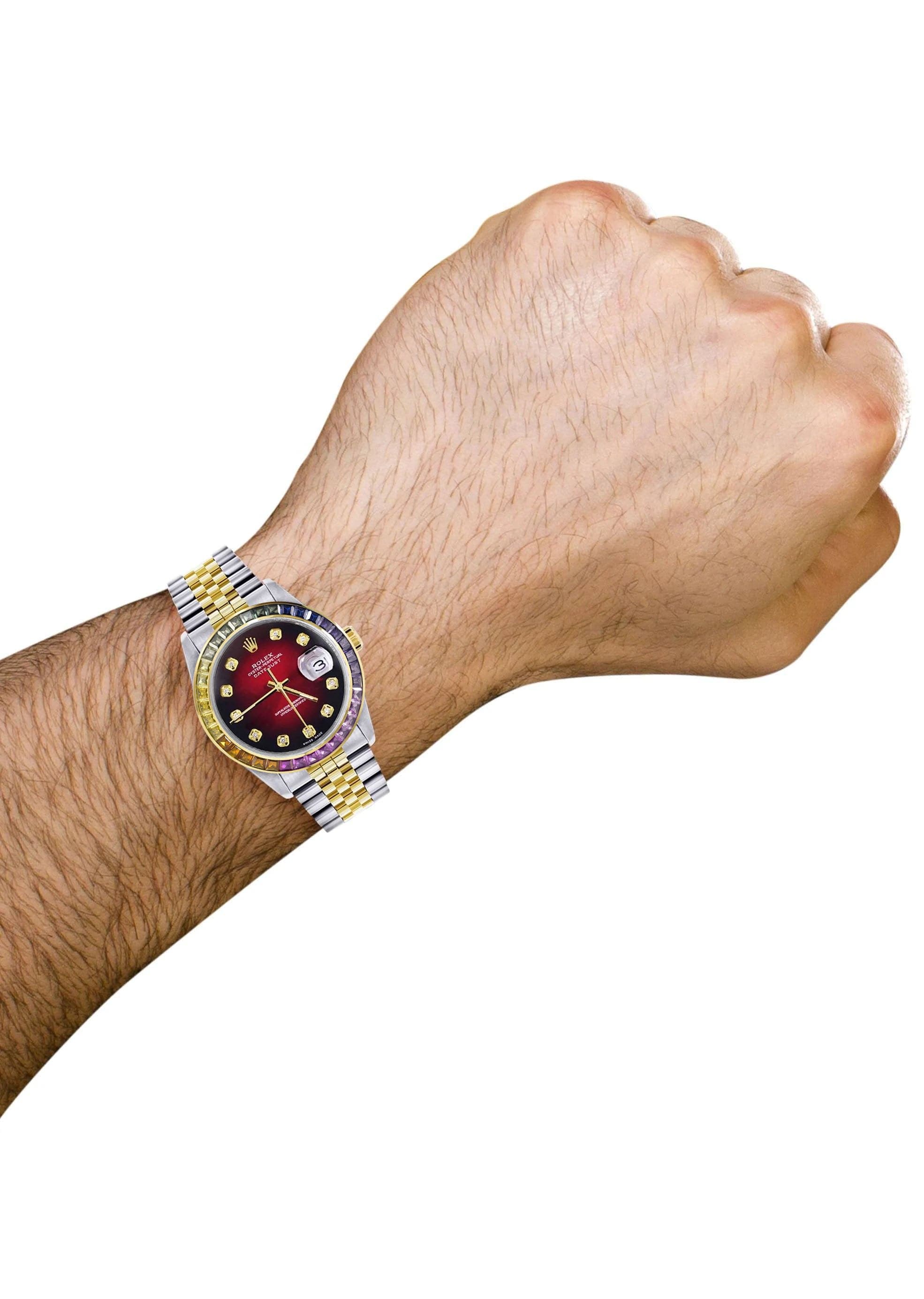 Luxury Diamond Gold Rolex Watch For Men 16233 | 36mm Swiss Automatic | Rainbow Sapphire Bezel | Red Black Dial | Jubilee Bracelet | Perfect for Business, Gala & Special Occasions
