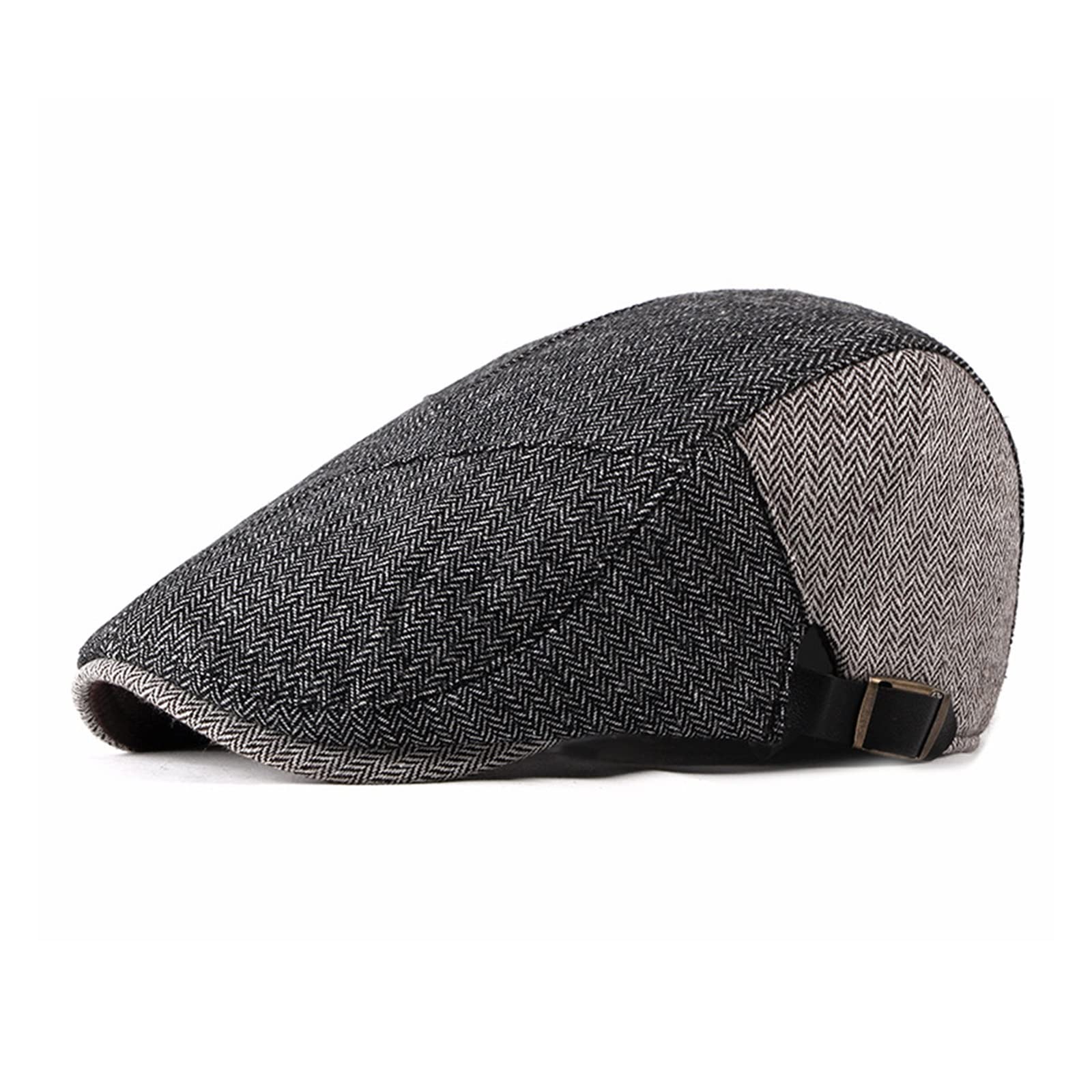 Men's Black Herringbone Tweed Newsboy Flat Cap - Adjustable 55-60cm Winter Autumn Beret Hat for Men | Stylish Casual Wear, Outdoor Activities & Vintage Fashion Accessory