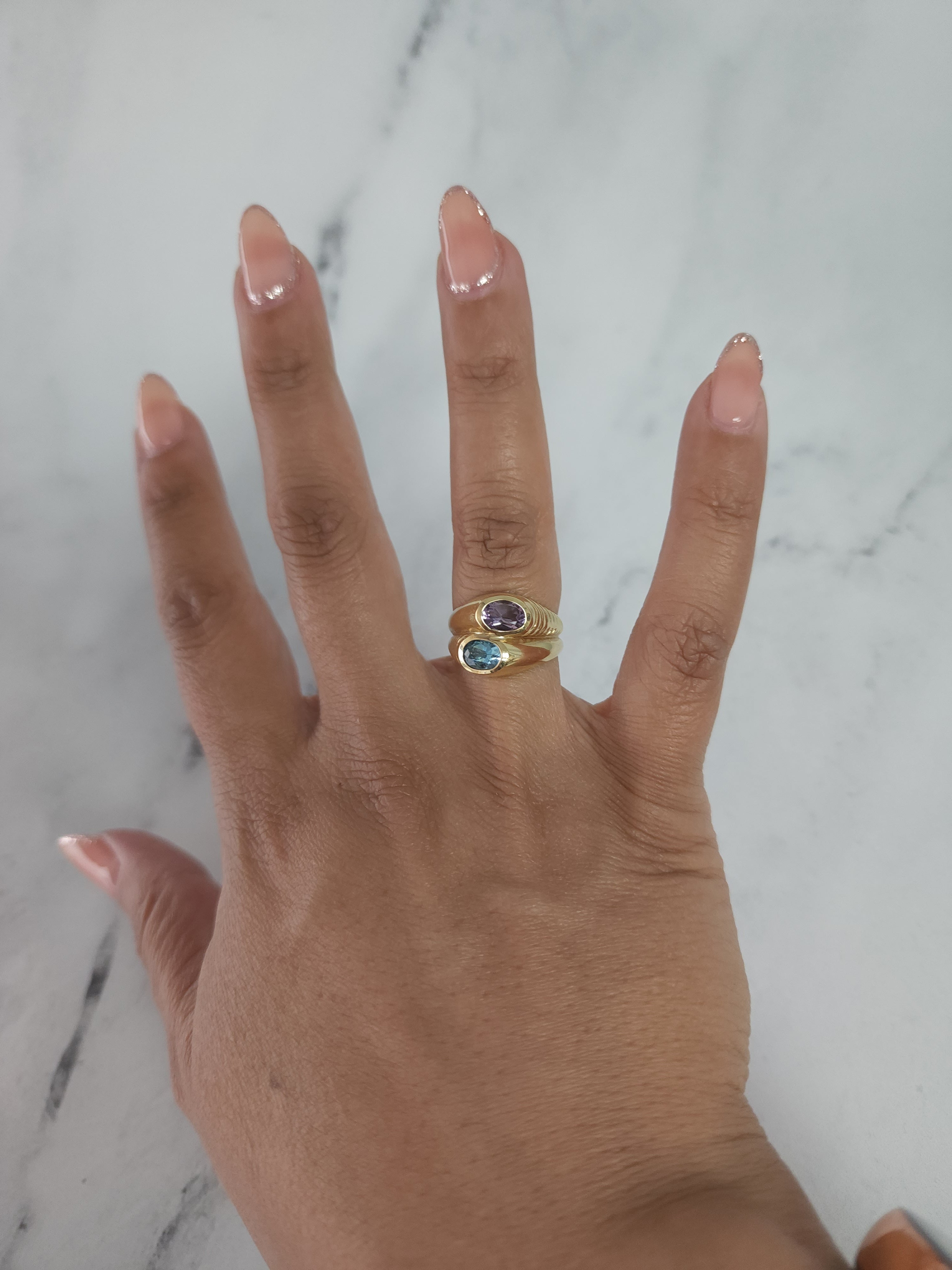 14K Yellow Gold Amethyst & Blue Topaz Bypass Ring - Elegant Stackable Jewelry for Women, Perfect for Weddings, Anniversaries & Everyday Wear