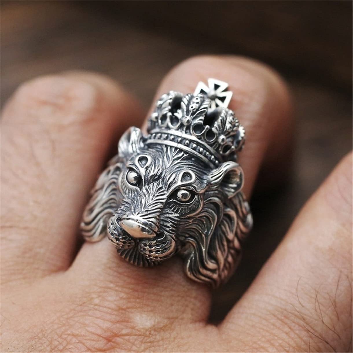 Gothic Lion Crown Ring for Men - Punk Lion King Ring, Hip Hop Lion Head Jewelry, Viking Cross Ring - Retro Rock Animal Ring for Men - Perfect for Gothic Fashion, Punk Style, and Hip Hop Accessories