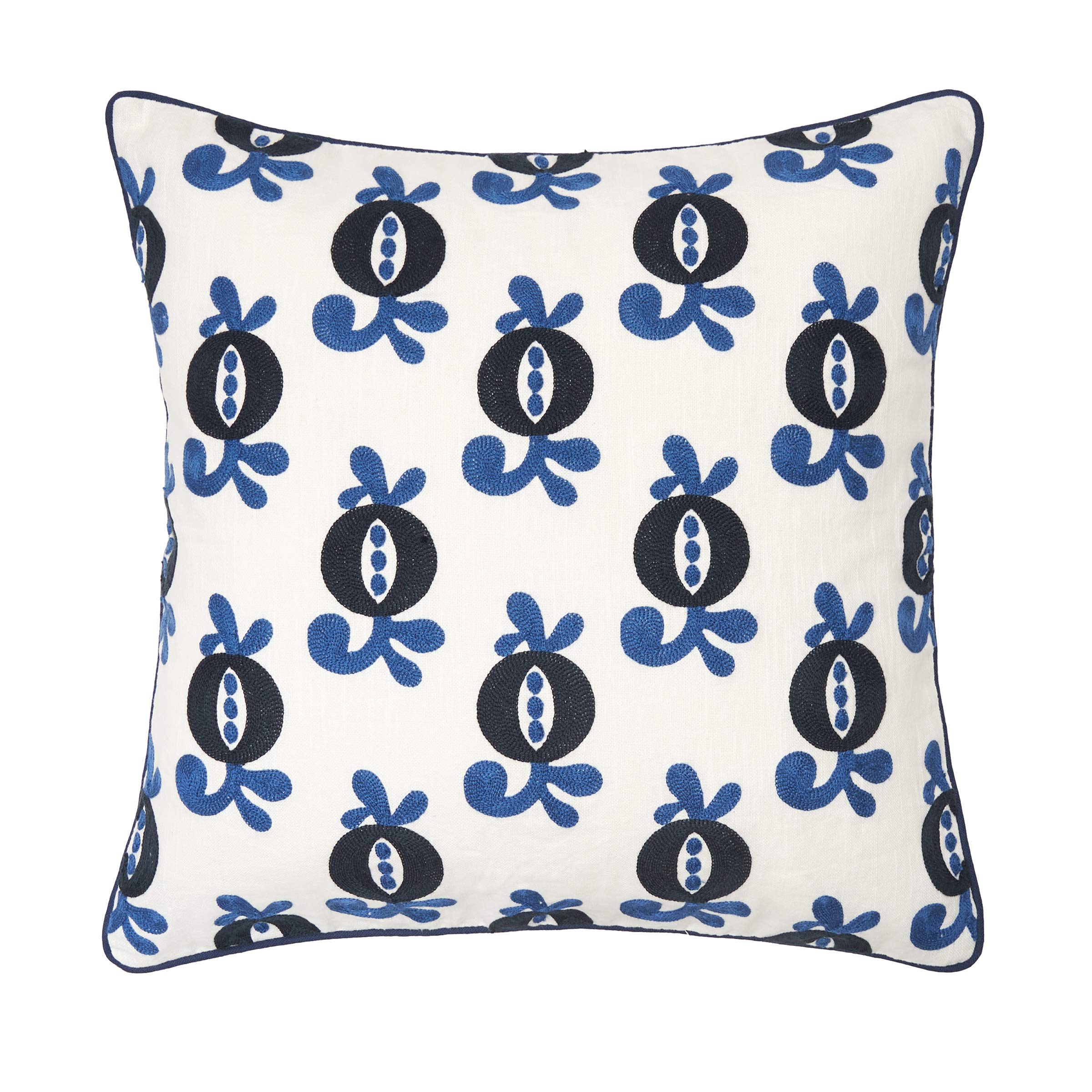 Carol & Frank Colonial Williamsburg Georgie Chain Stitch Decorative Throw Pillow 22x22 Inches - Indigo Blue Cotton Cushion Cover for Sofa, Bed & Home Decor
