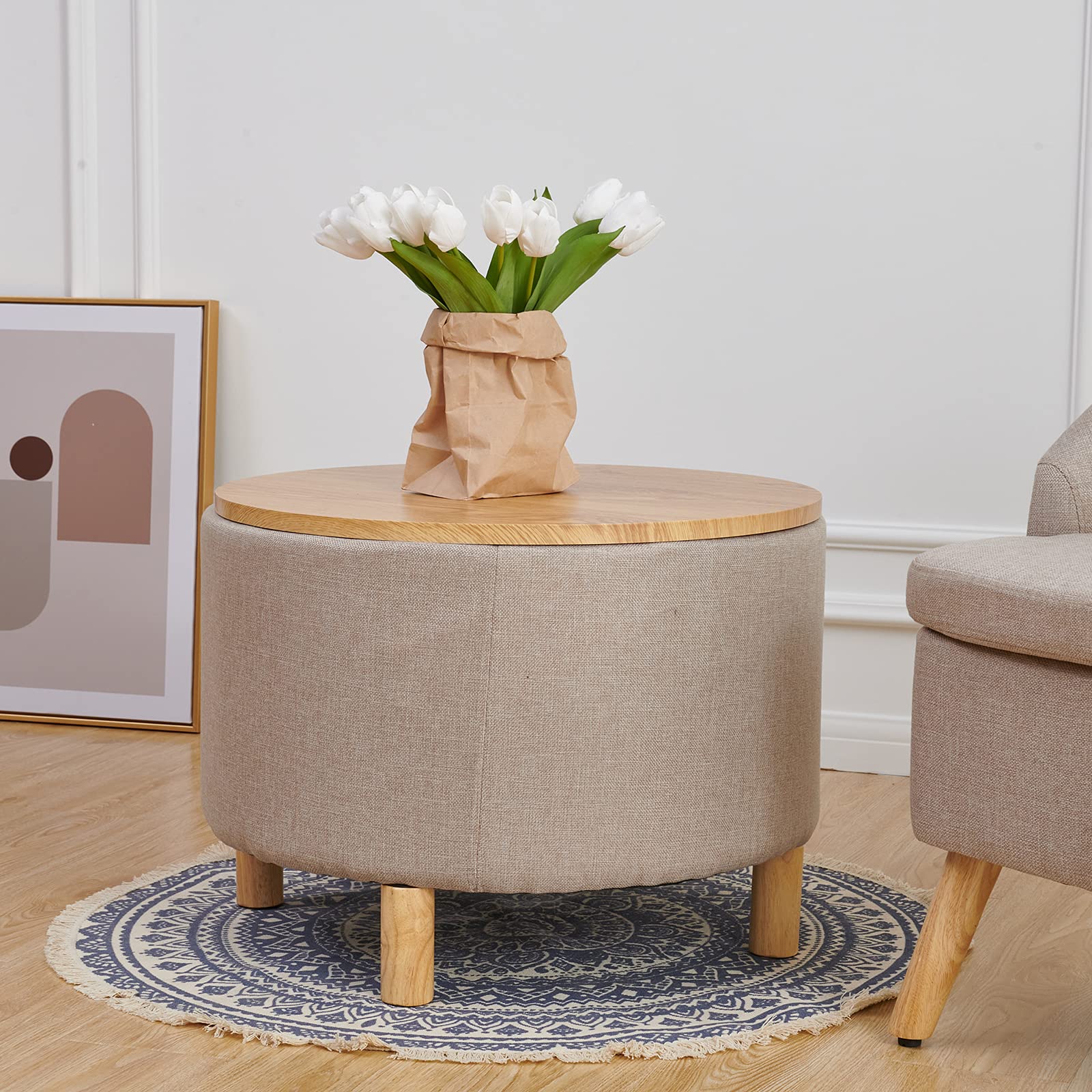 Modern Round Coffee Table with Storage - Solid Wood Legs, Removable Wooden Lid Tray - End Accent Table & Ottoman Side Table for Living Room, Bedroom, Office (Cream) | Perfect for Small Spaces, Coffee Lovers & Home Decor