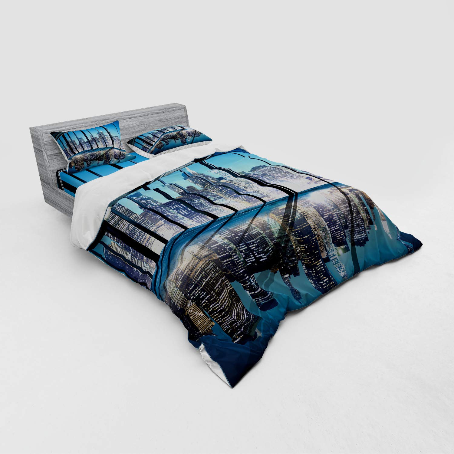 Ambesonne Modern Duvet Cover Set - Office Cityscape Buildings with Glassy Interior Photograph - 4 Piece Queen Size Bedding Set with Shams & Fitted Sheet - Blue Black & White - Perfect for Contemporary Home & Office Decor