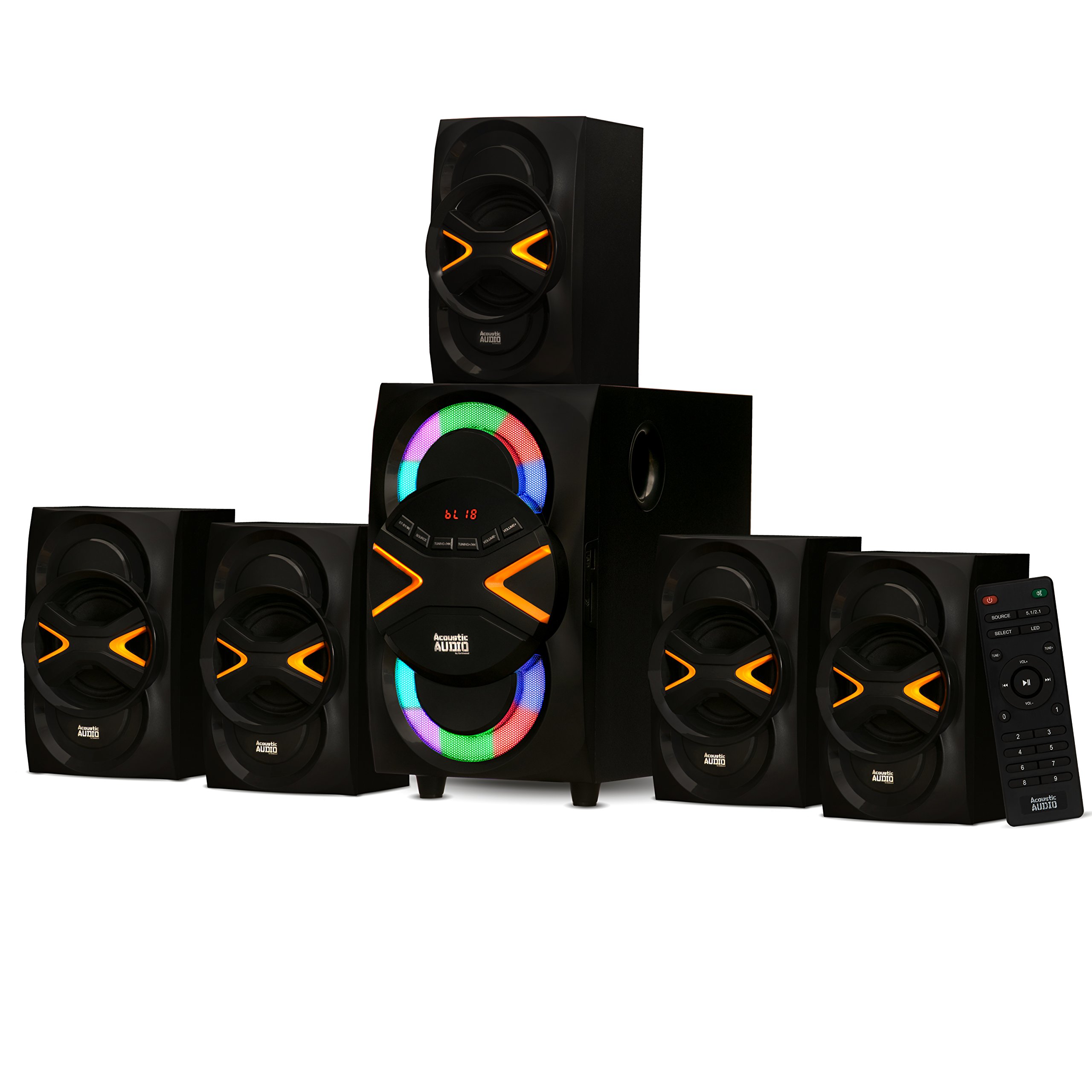 Acoustic Audio by Goldwood 5.1 Channel Home Theater Speaker System with Bluetooth, LED Lights, Powerful Surround Sound - Perfect for Movies, Gaming & Music (AA5210, Black)