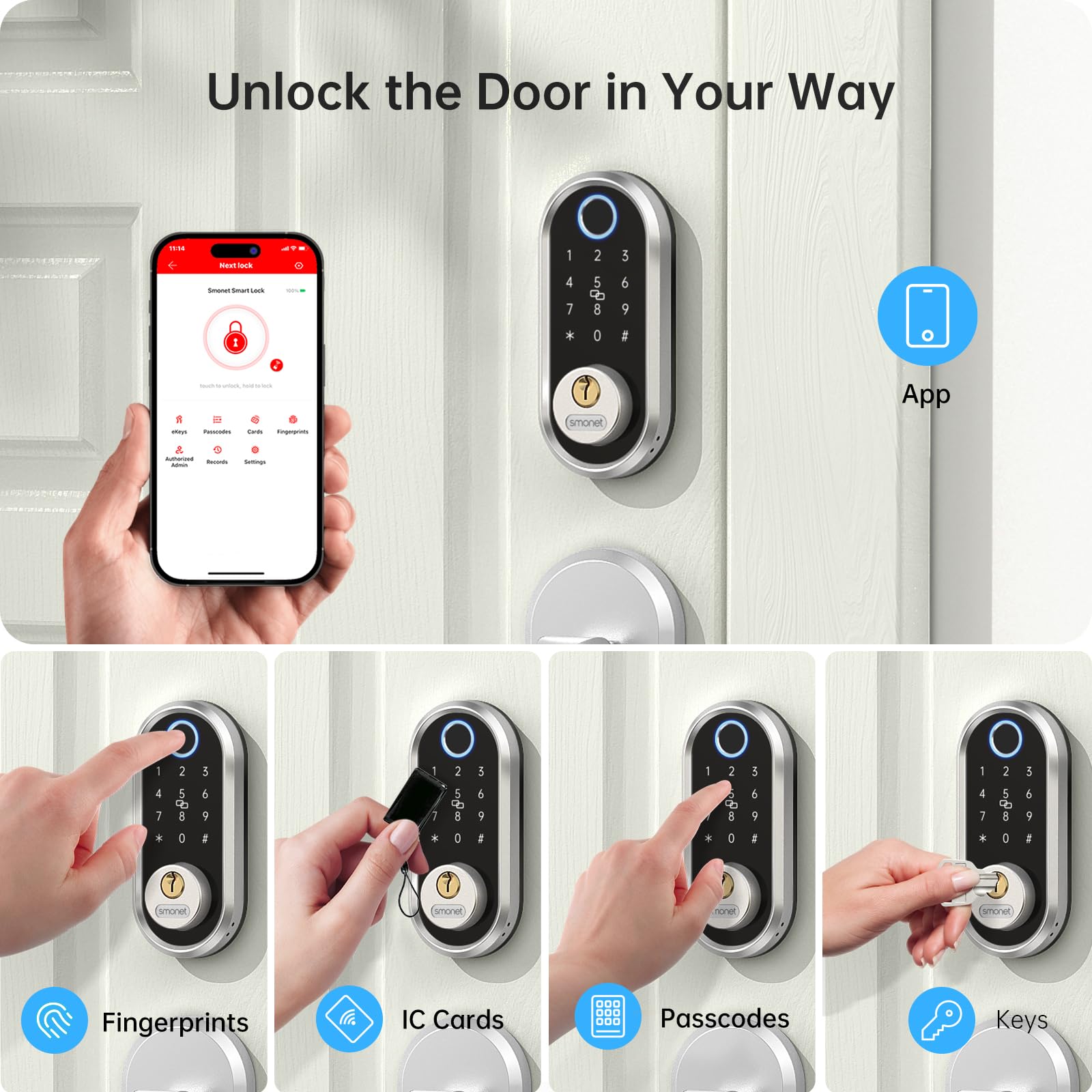 SMONET Smart Deadbolt - Fingerprint & Keypad Electronic Door Lock with Bluetooth, Keyless Entry & App Control - Secure Your Home with Ekeys Sharing - Perfect for Apartments, Vacation Homes & Smart Home Integration