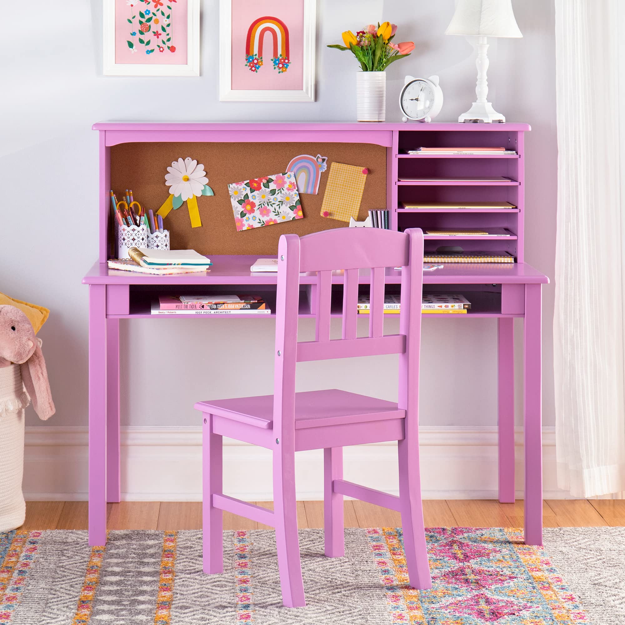 Guidecraft Kids Media Desk and Chair Set in Lavender - Wooden Study Table with Hutch & Shelves for Girls | Perfect for Homework, Online Learning & Bedroom Organization